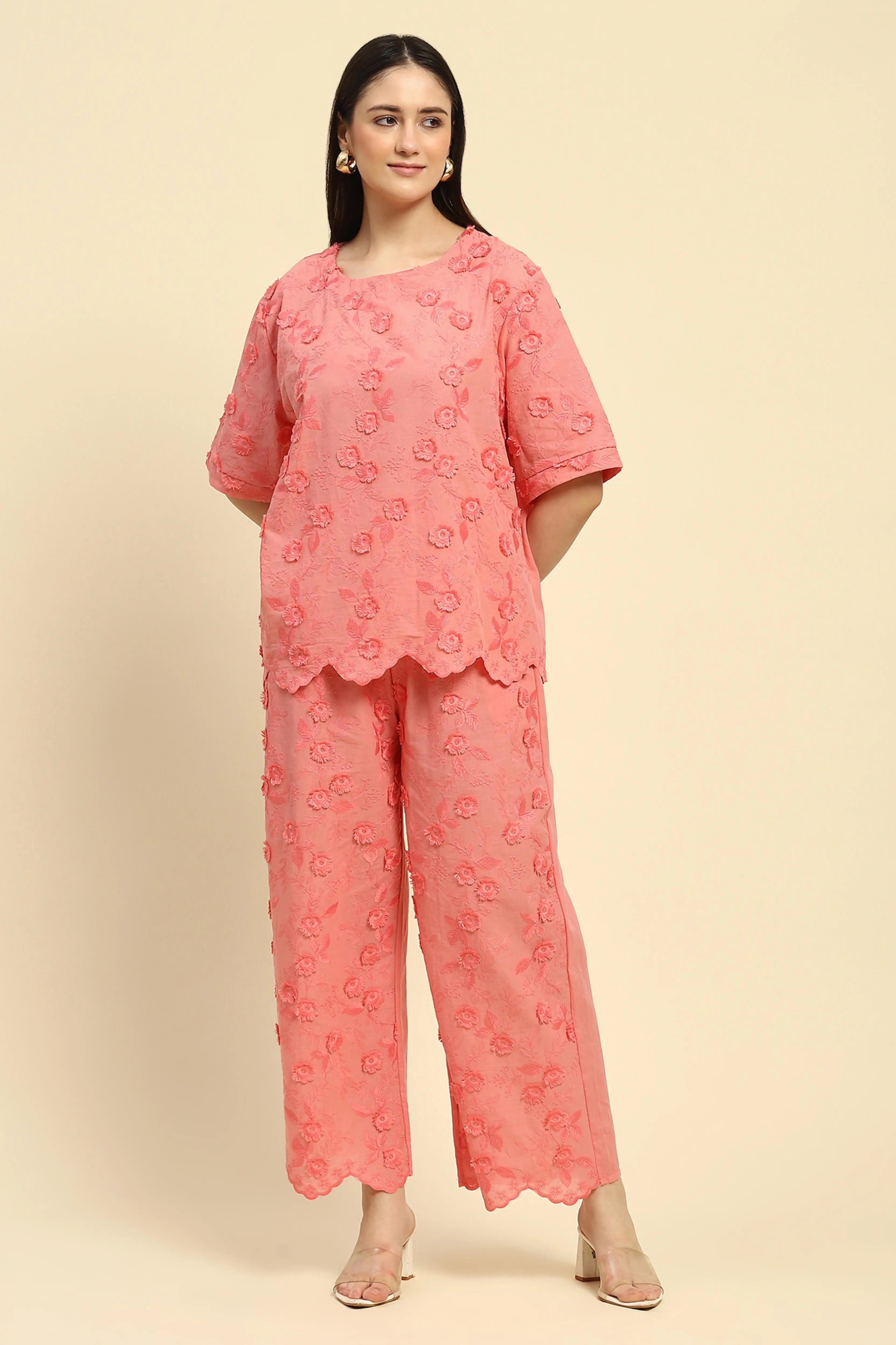 Pink Embroidered Cotton Nightsuit - Global Republic