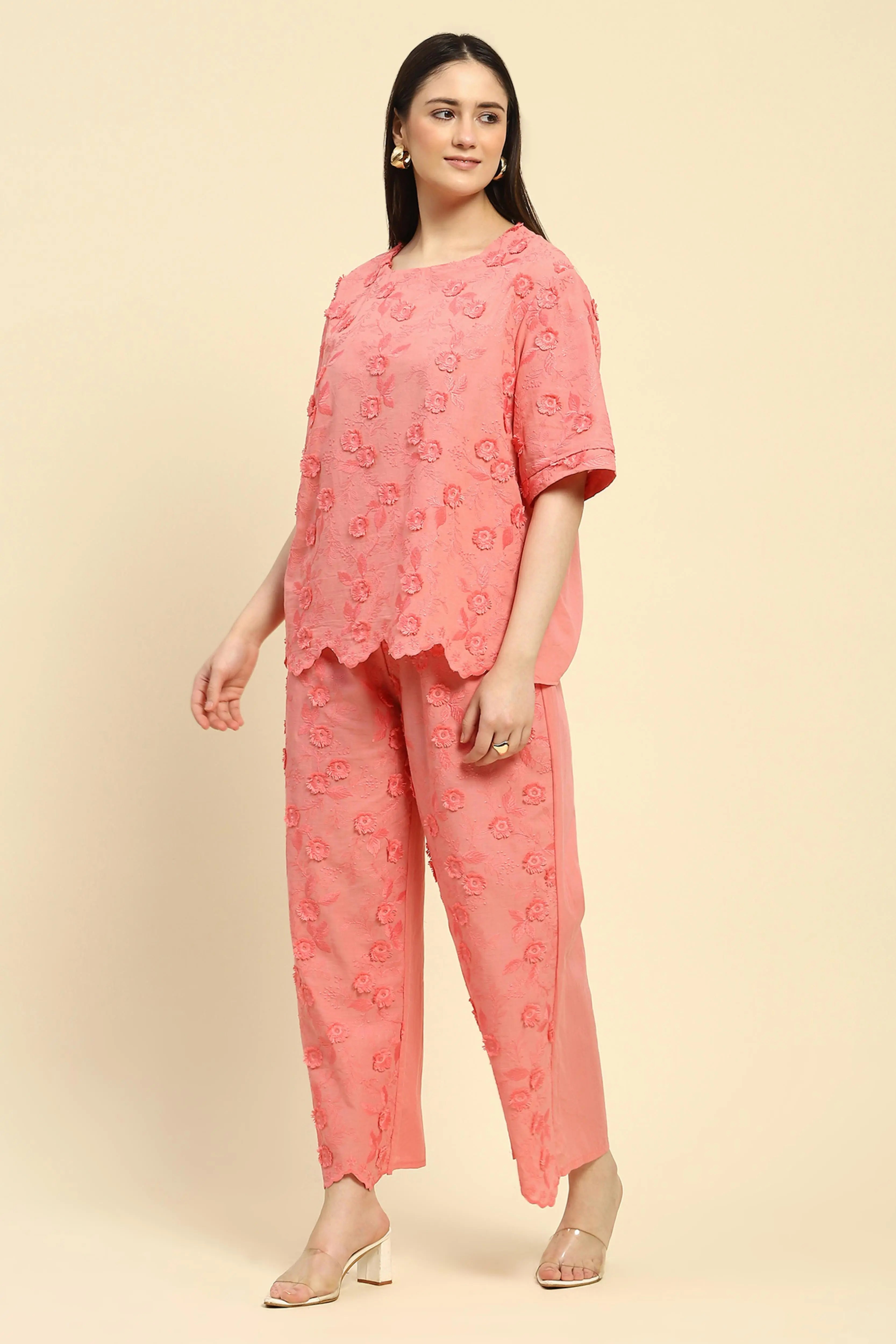 Pink Embroidered Cotton Nightsuit - Global Republic