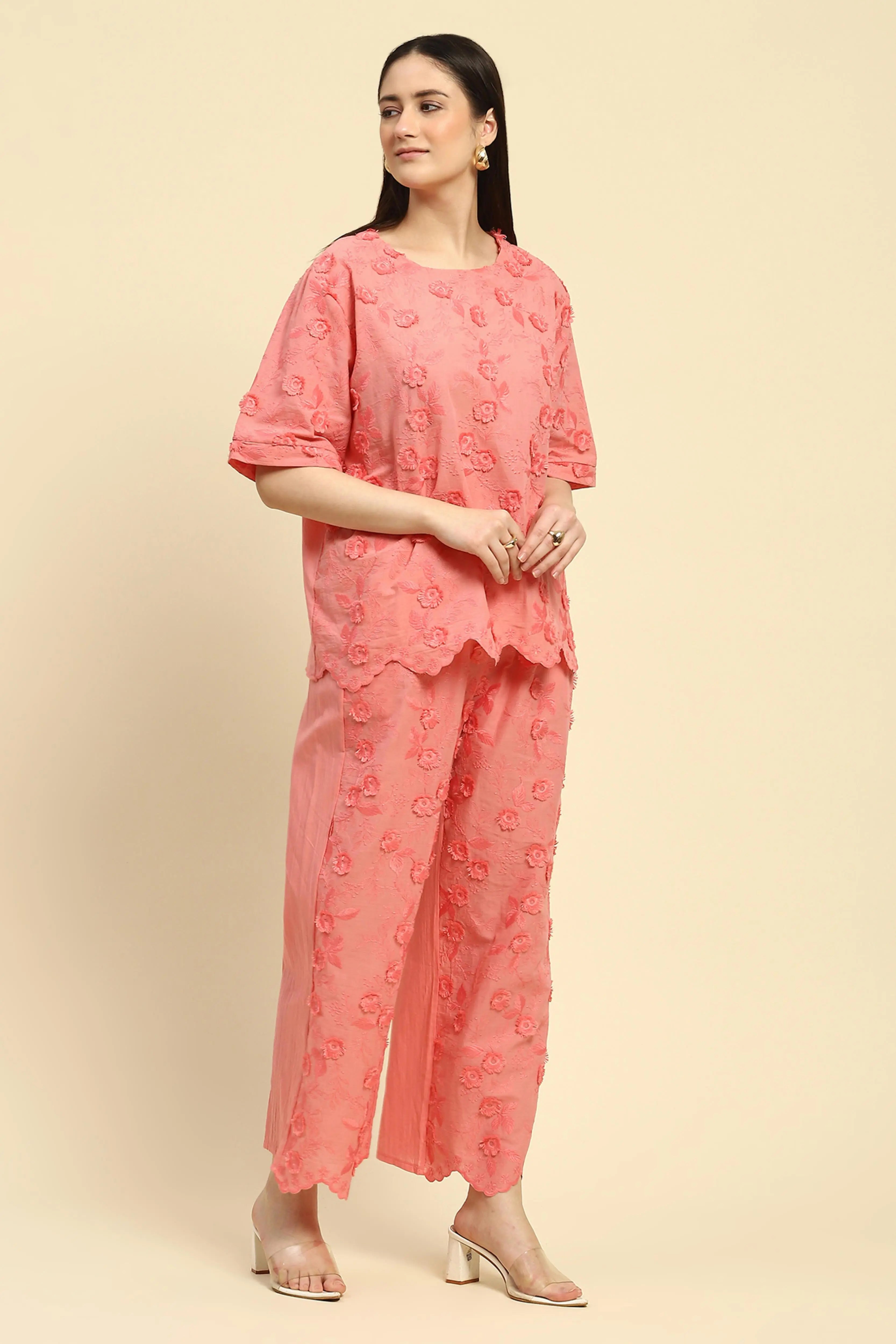 Pink Embroidered Cotton Nightsuit - Global Republic