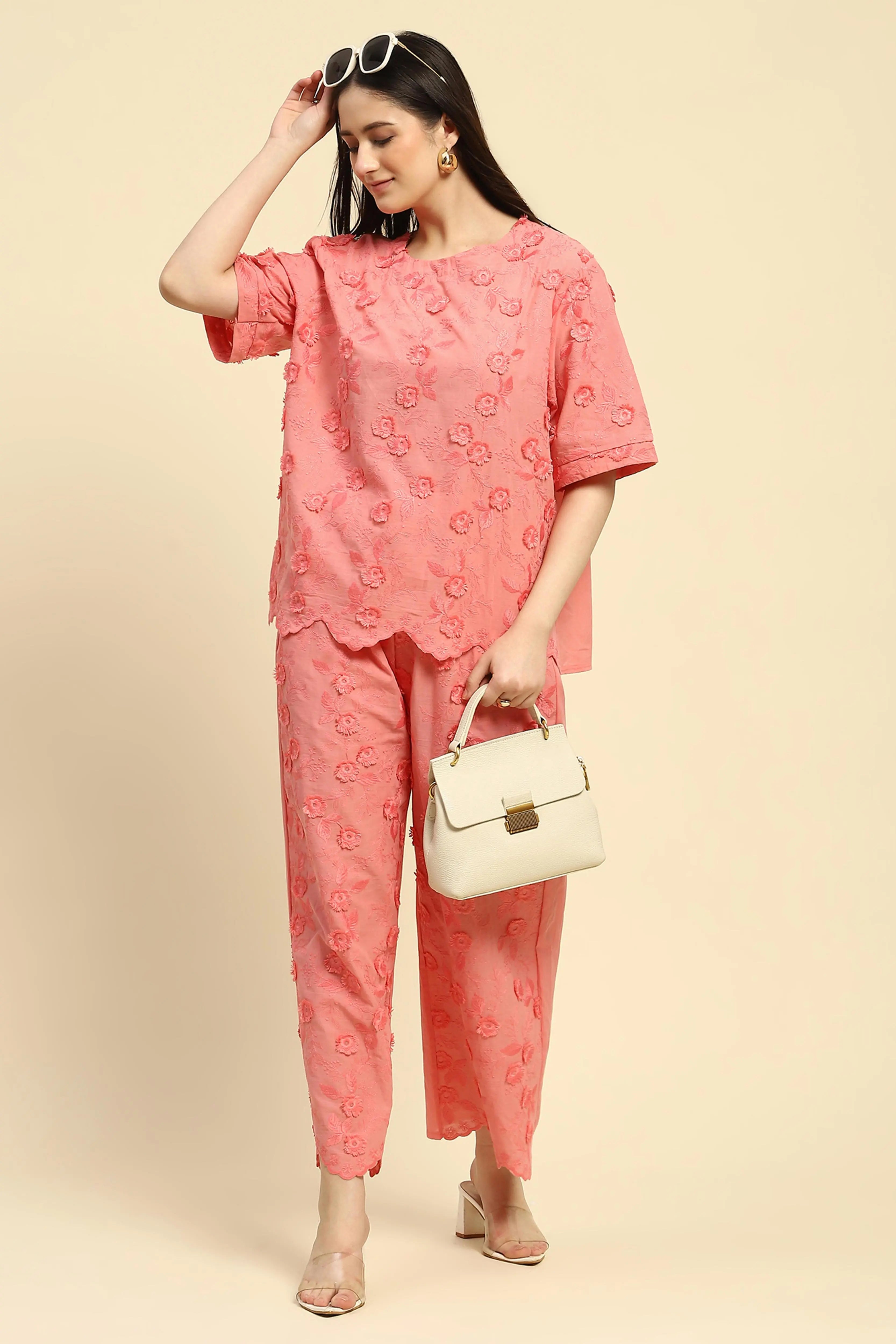 Pink Embroidered Cotton Nightsuit - Global Republic