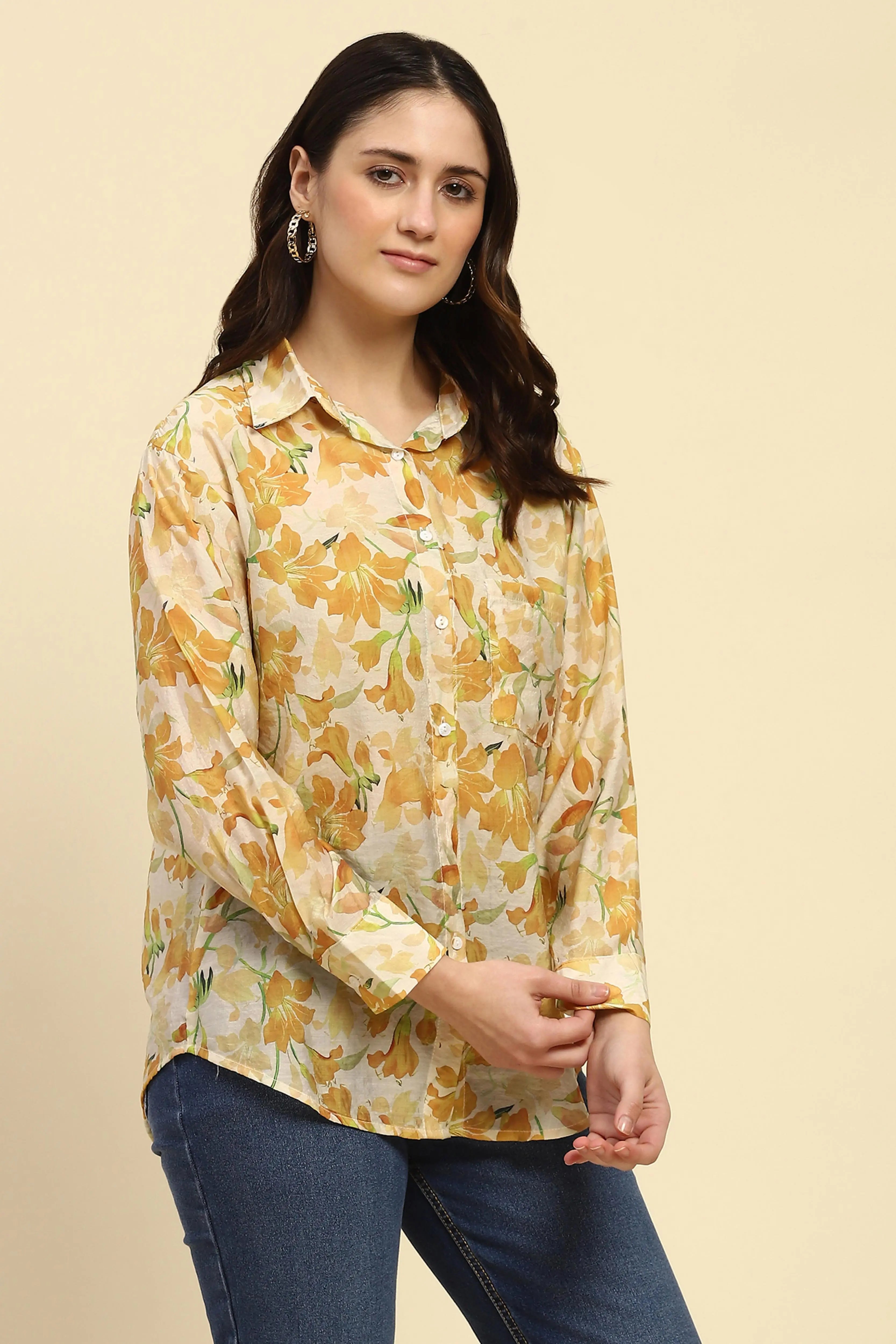 Yellow Floral Print Rayon Blend Shirt - Global Republic