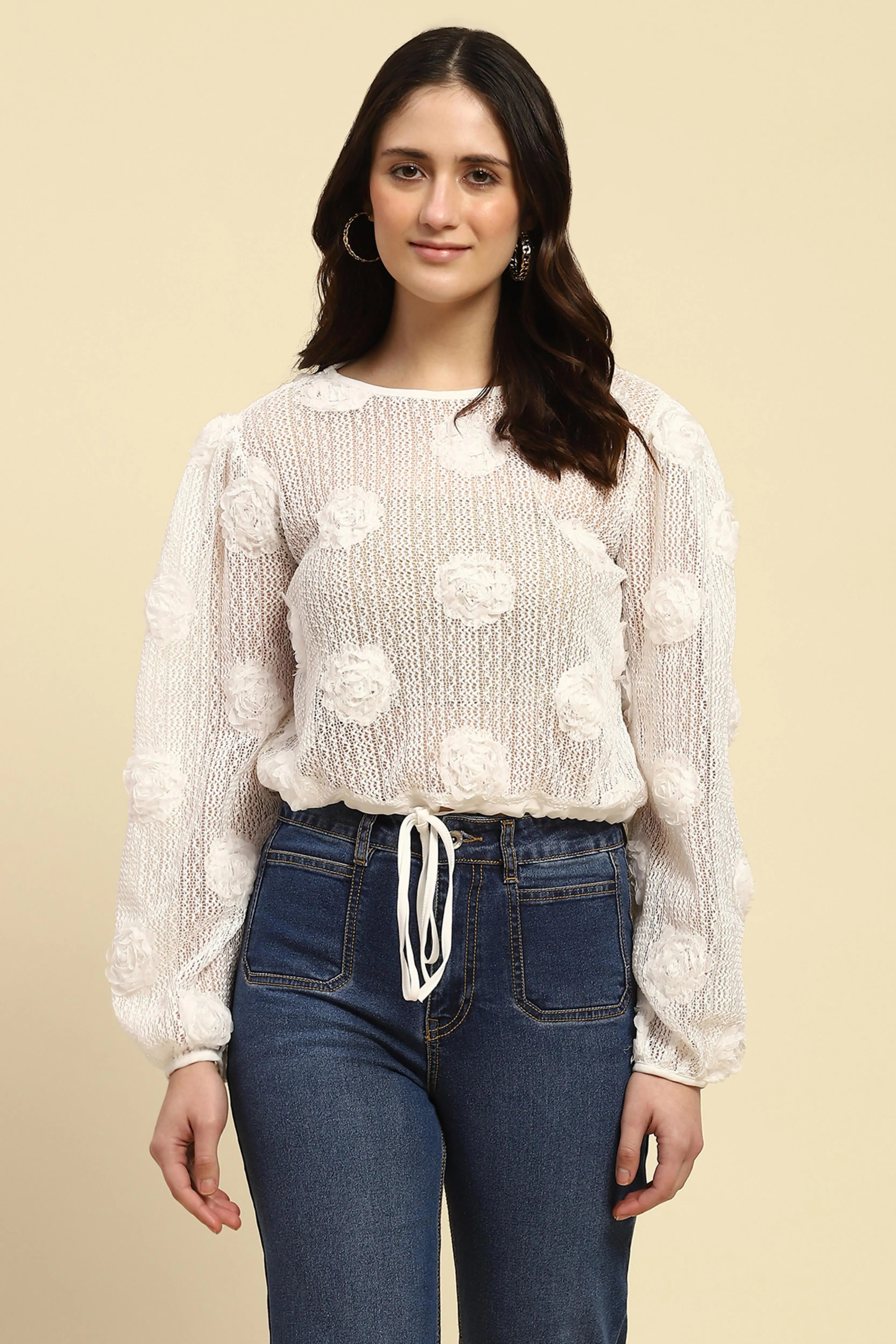 White Rose Floral Boxy Fit Sheer Top - Global Republic