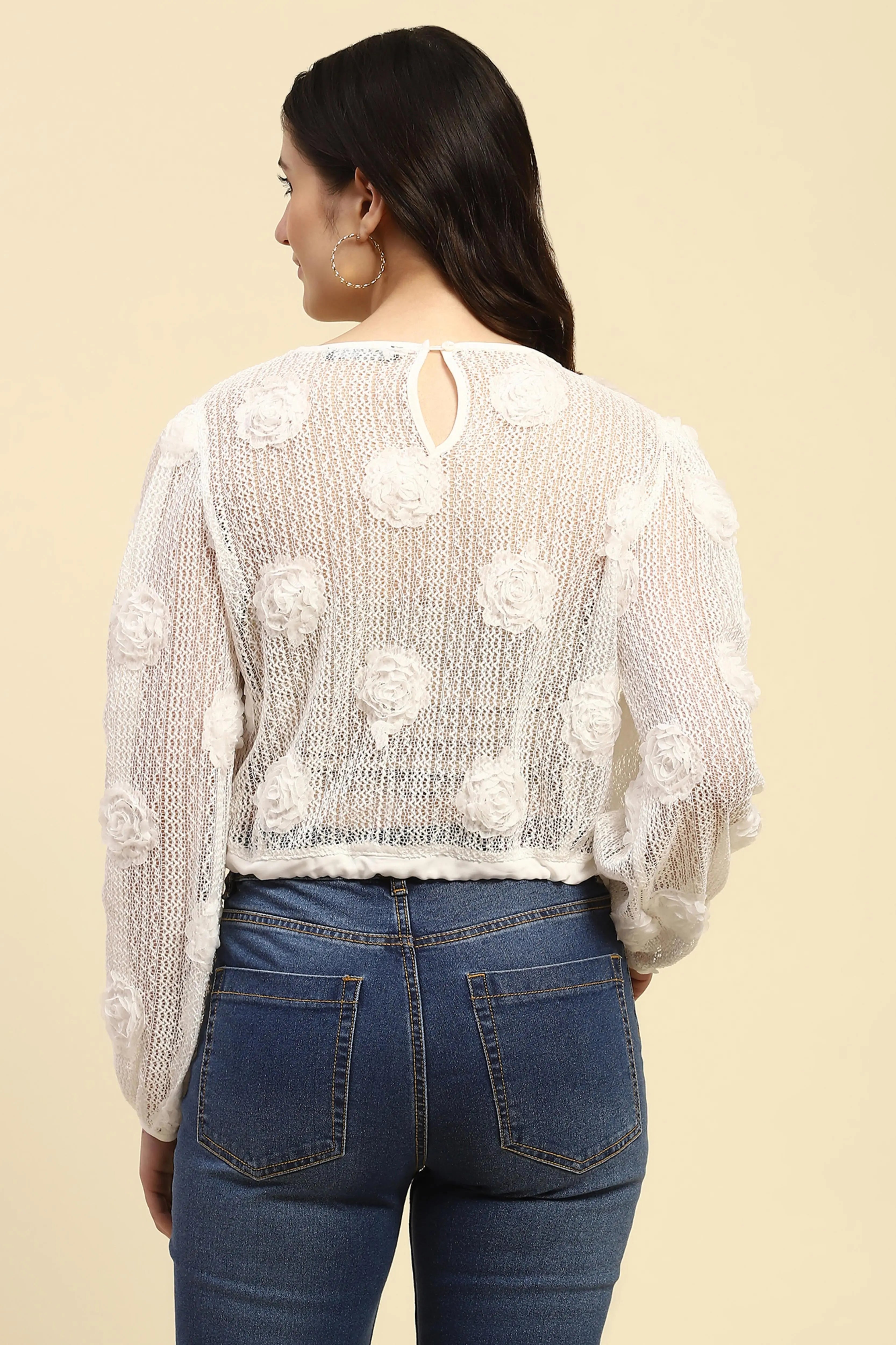 White Rose Floral Boxy Fit Sheer Top - Global Republic