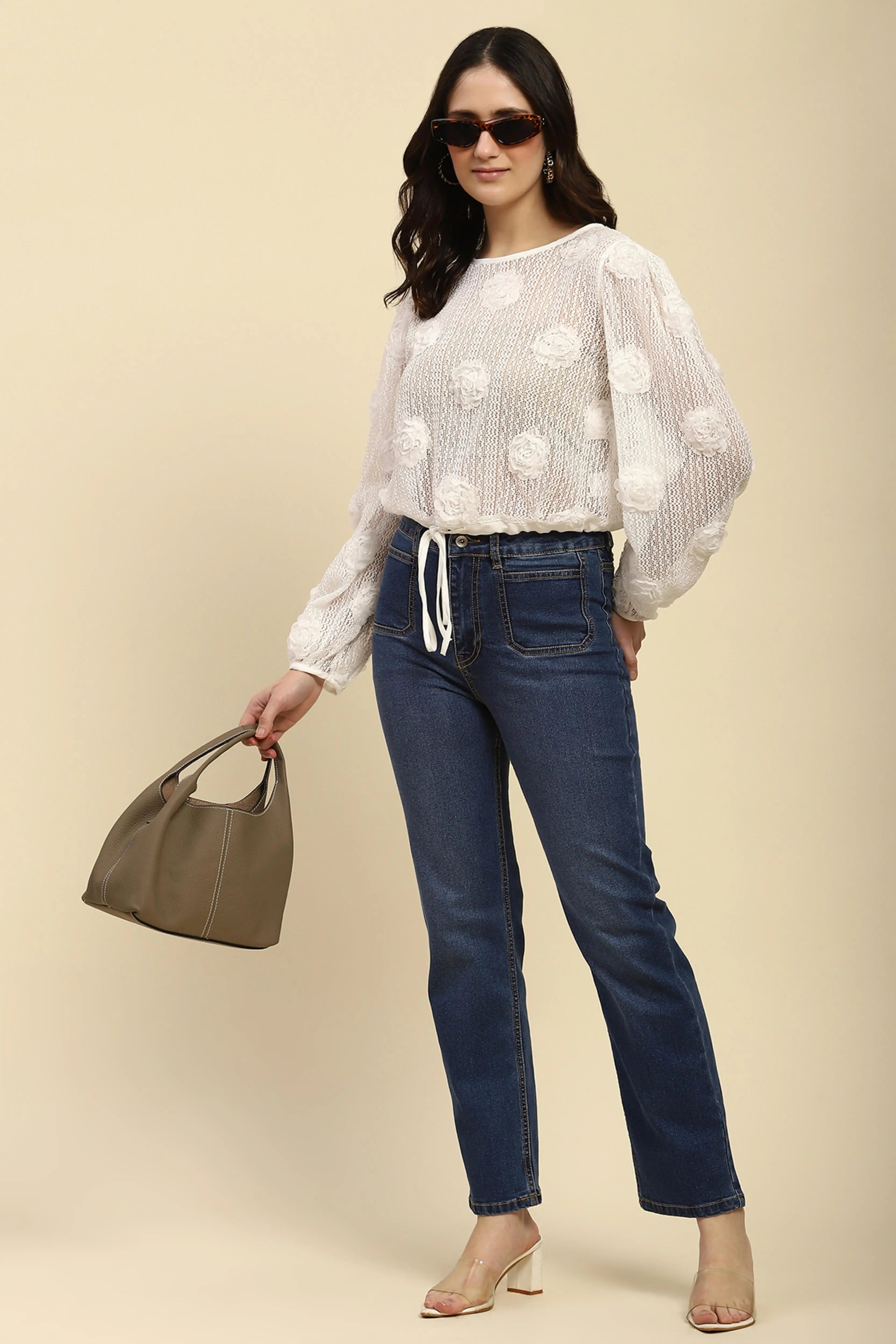 White Rose Floral Boxy Fit Sheer Top - Global Republic