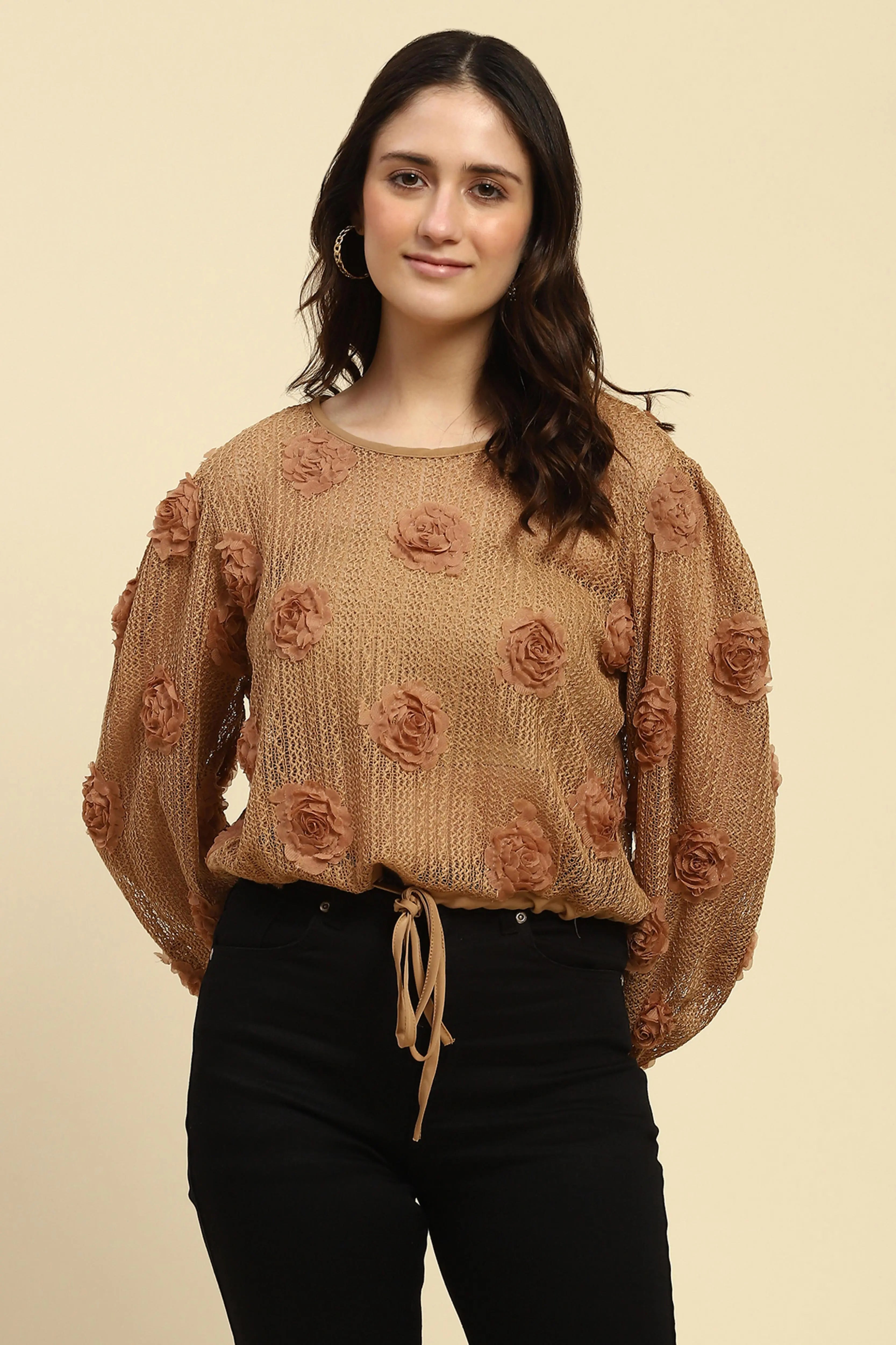 Brown Applique Embroidered Top - Global Republic