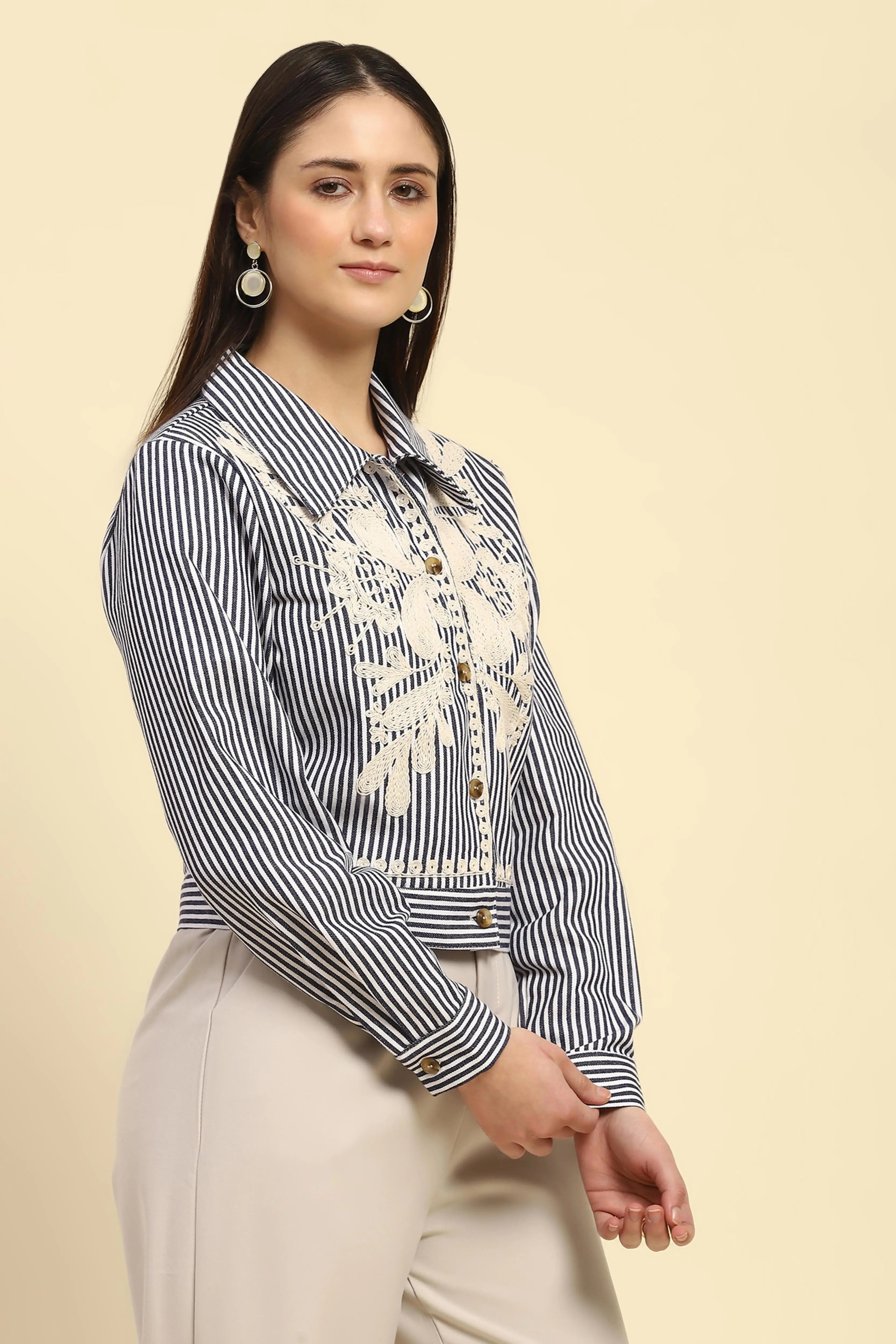 Navy Embroidered Striped Cotton Shirt - Global Republic