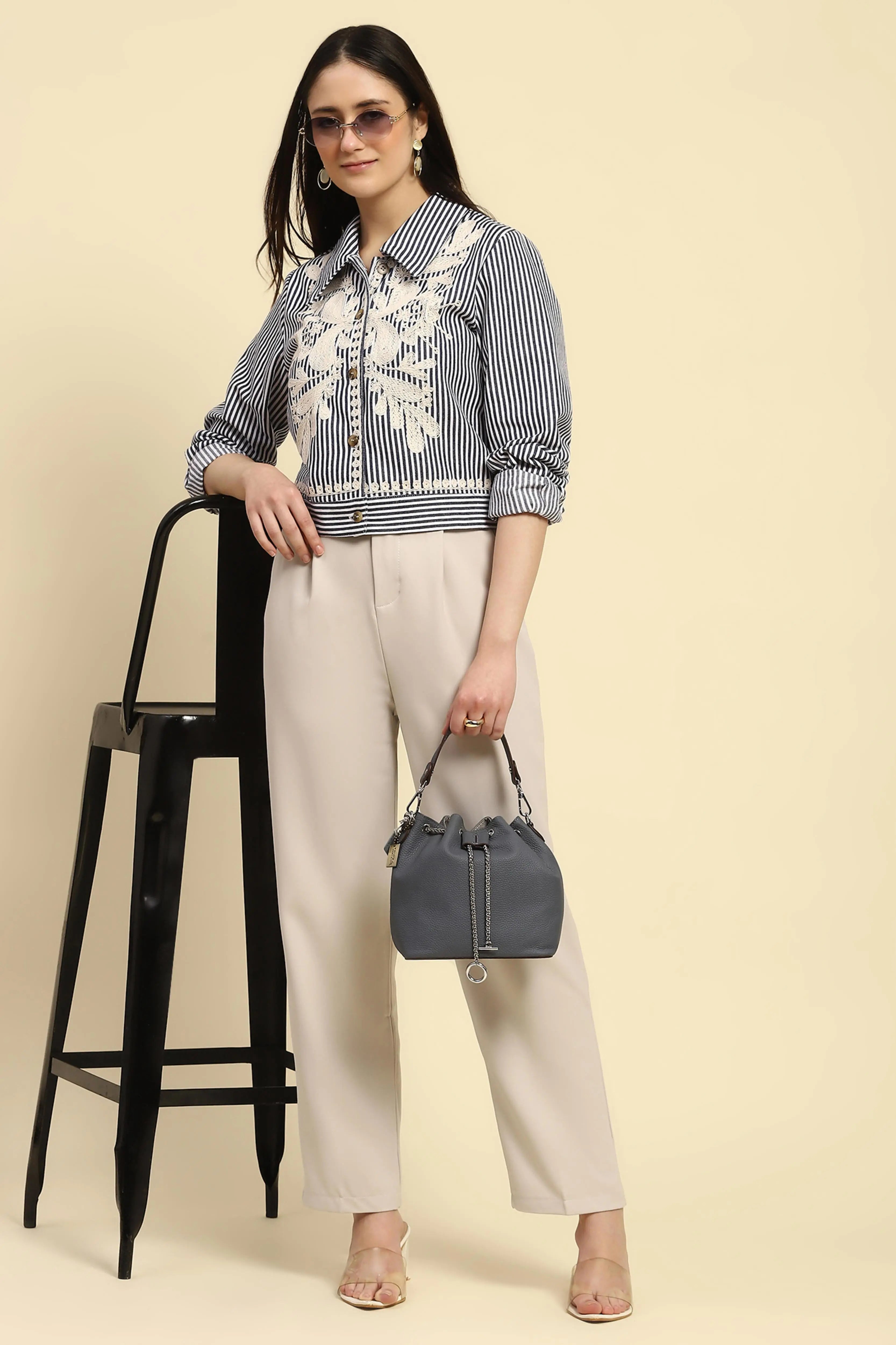 Navy Embroidered Striped Cotton Shirt - Global Republic