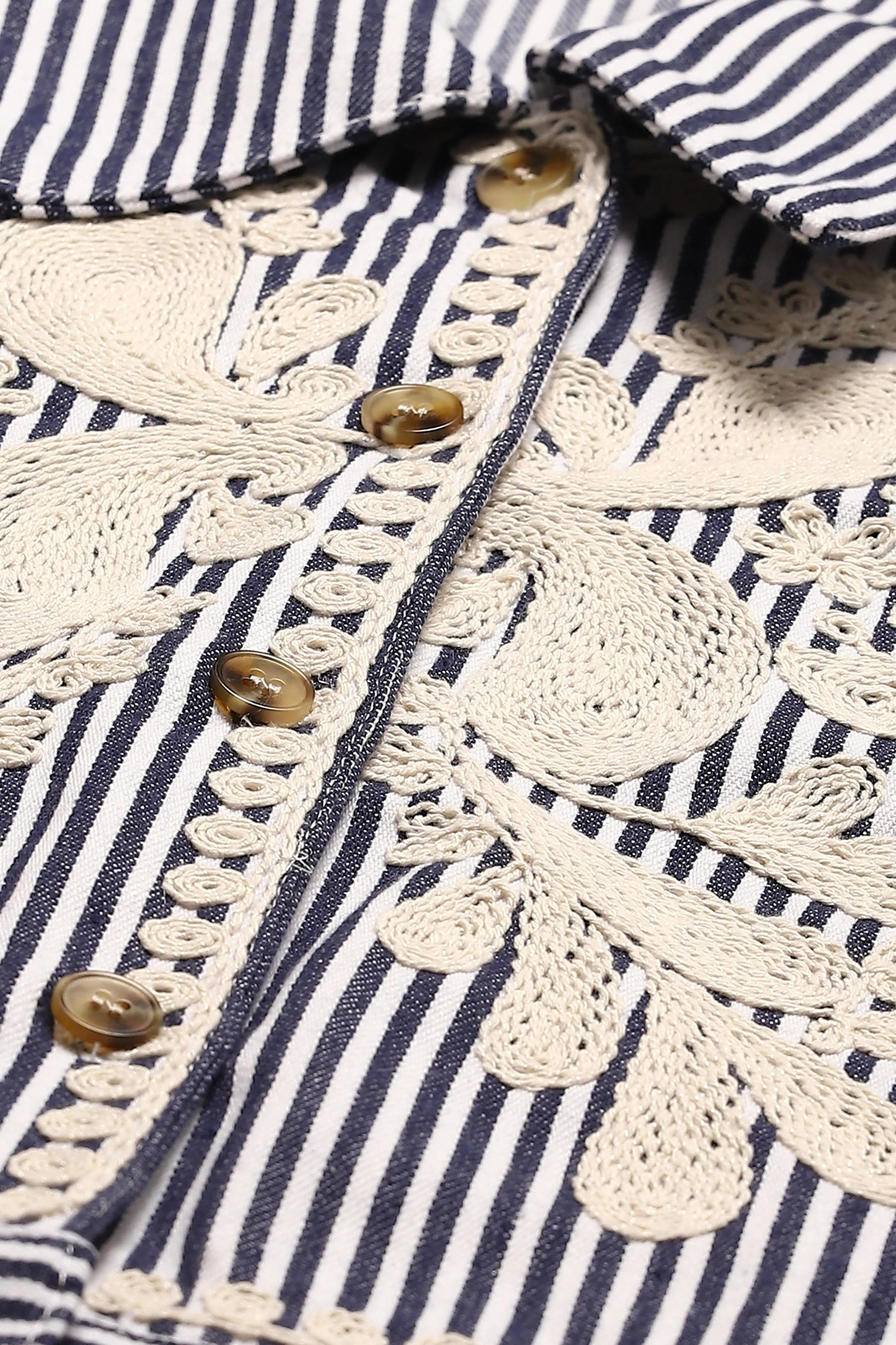 Navy Embroidered Striped Cotton Shirt - Global Republic