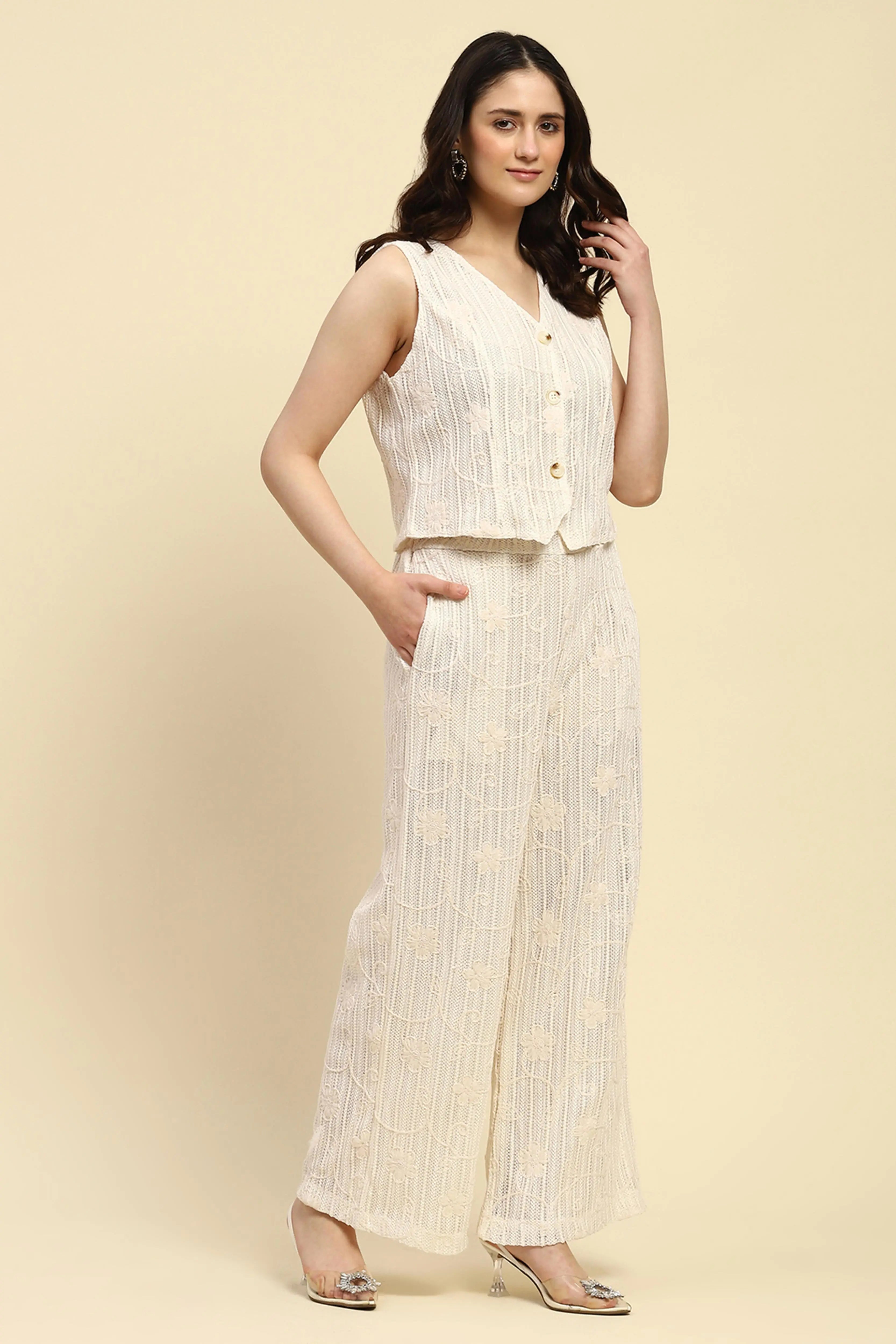 Cream Embroidered Co-ord Set - Global Republic