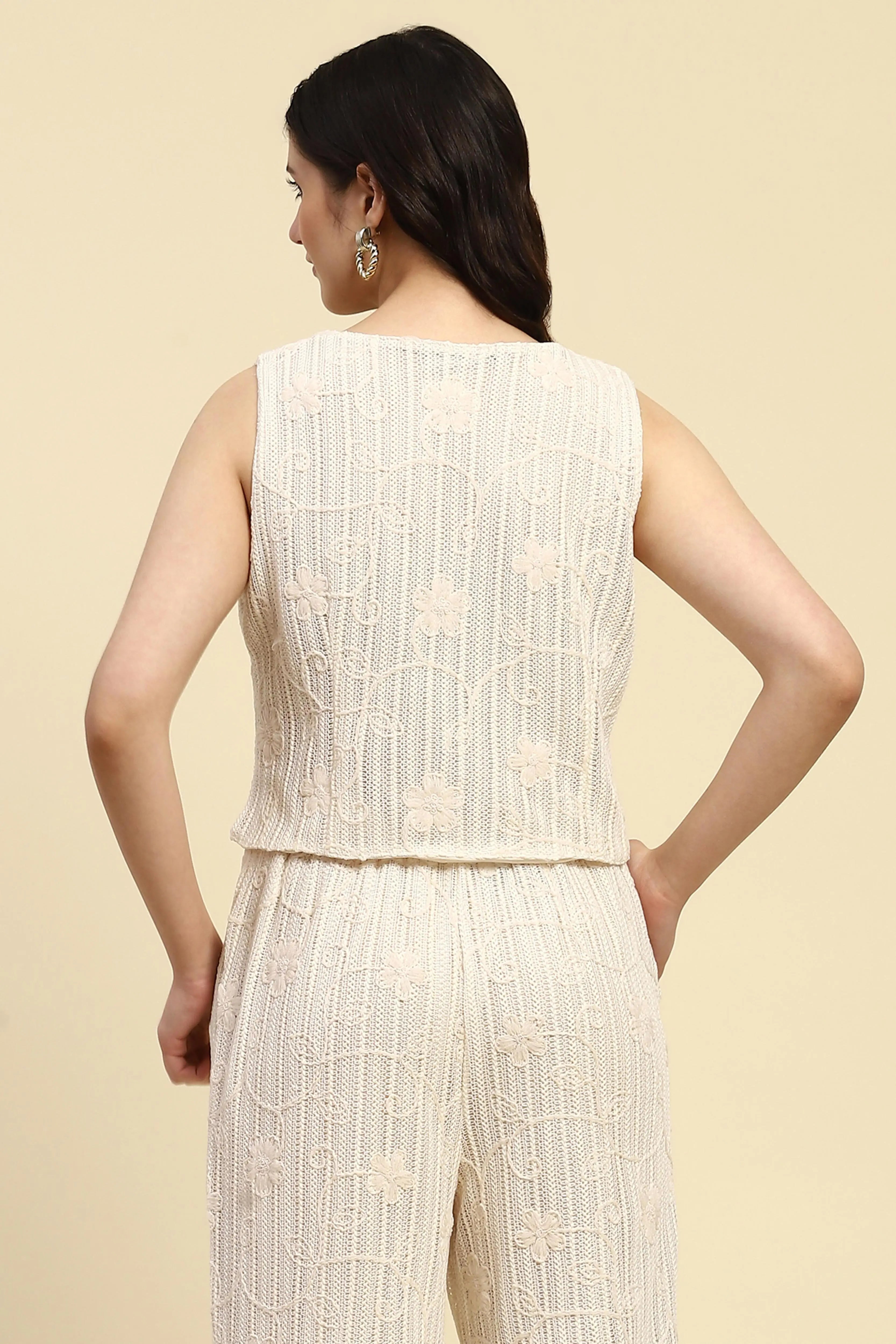Cream Embroidered Cotton Waist Coat - Global Republic