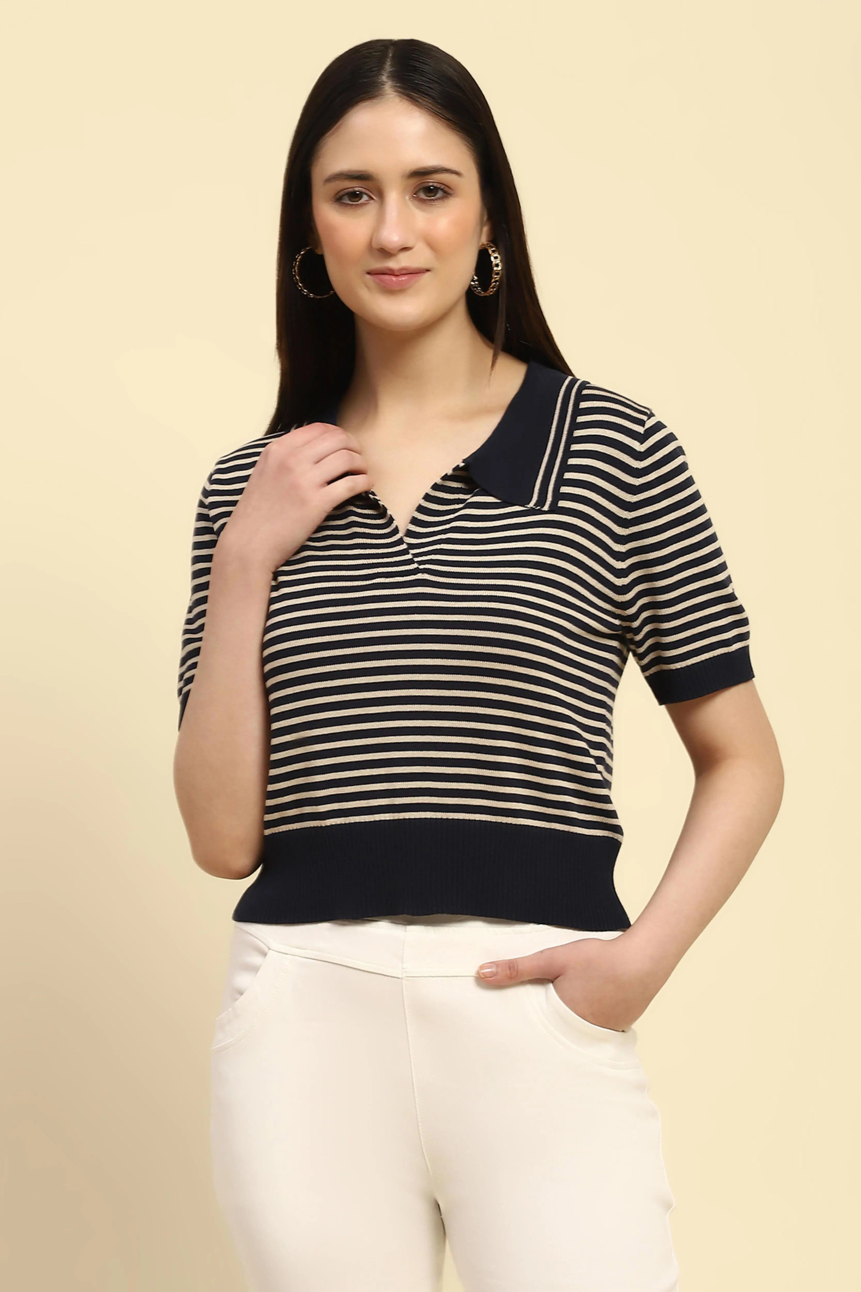 Navy Striped Viscose Boxy Top - Global Republic