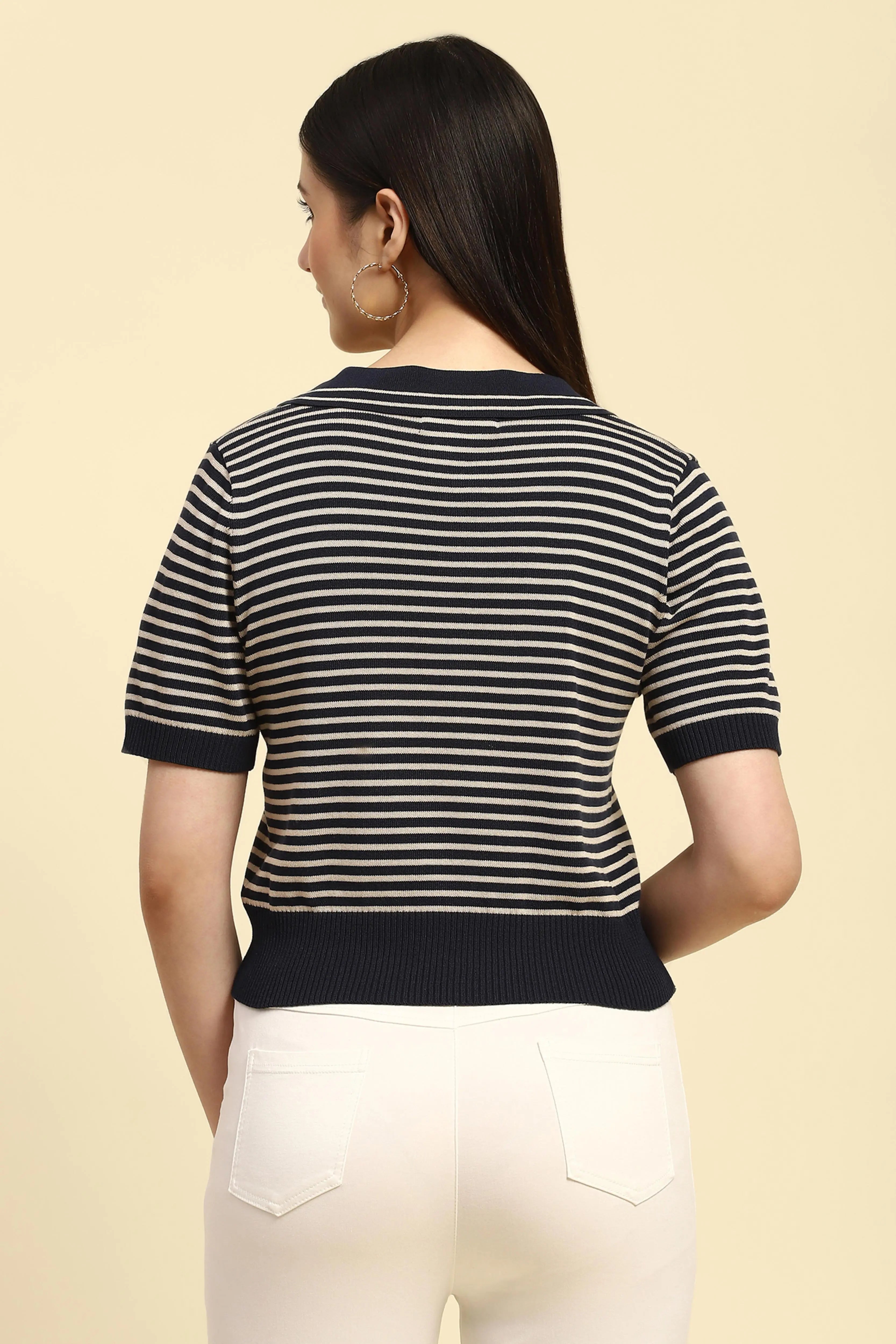 Navy Striped Viscose Boxy Top - Global Republic