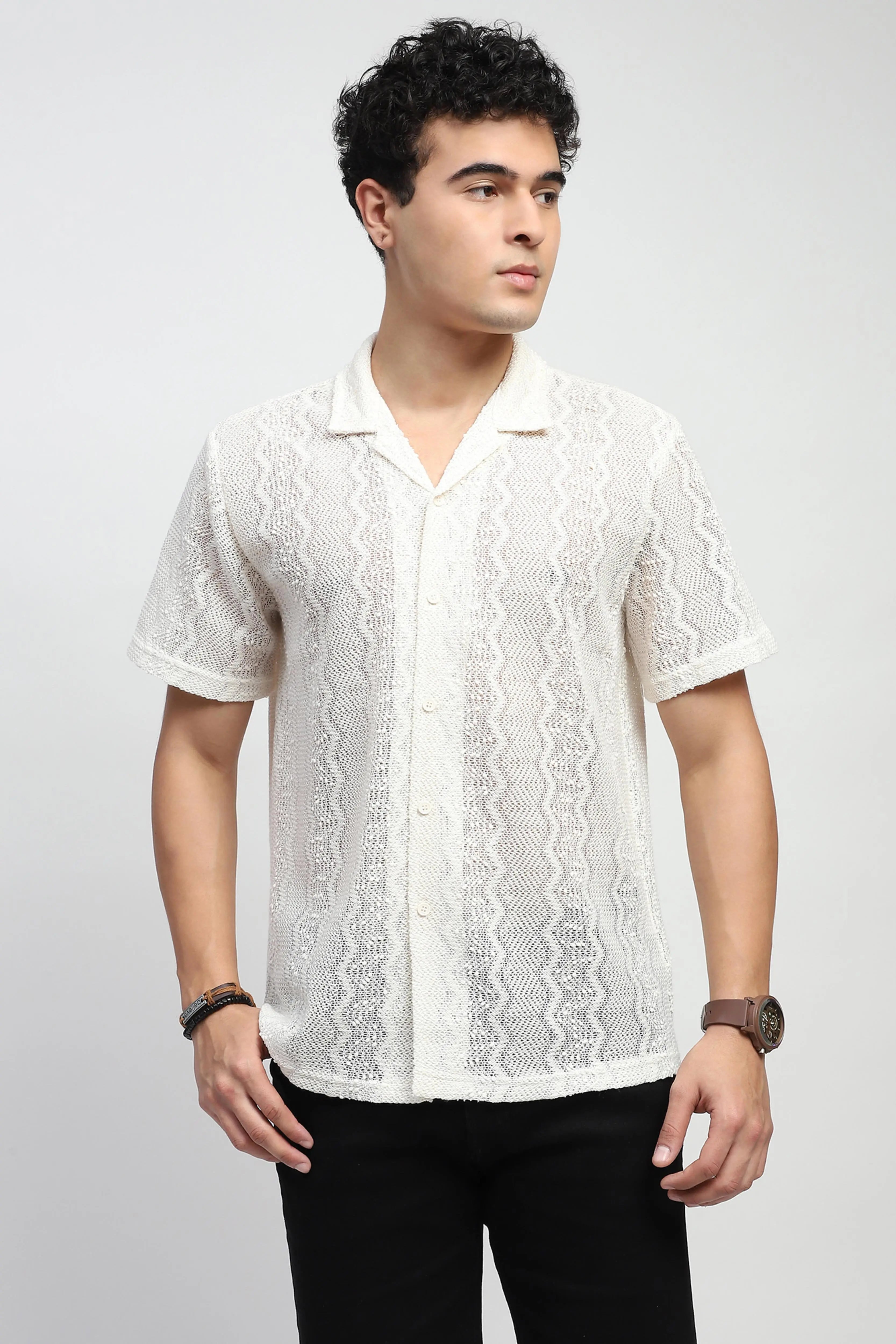 Ecru blend Knit Relaxed Fit Shirt - Global Republic