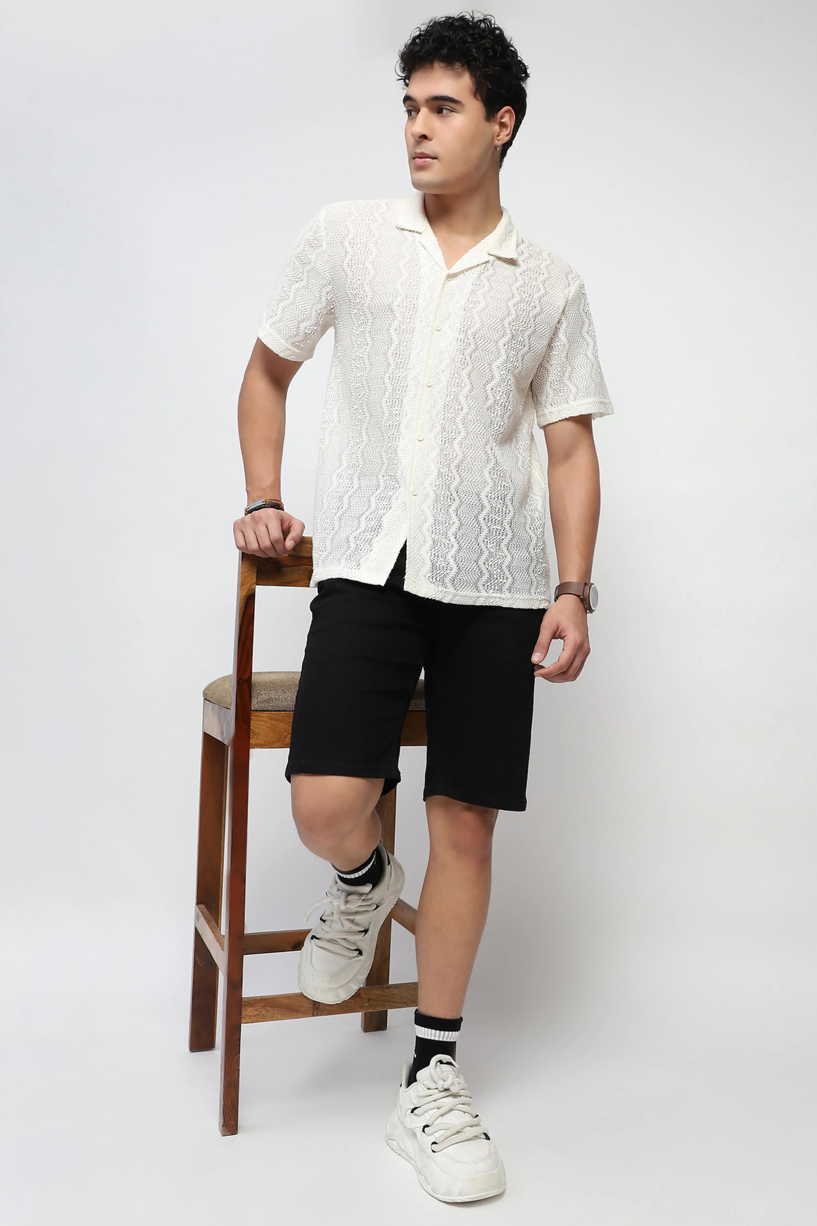 Ecru blend Knit Relaxed Fit Shirt - Global Republic