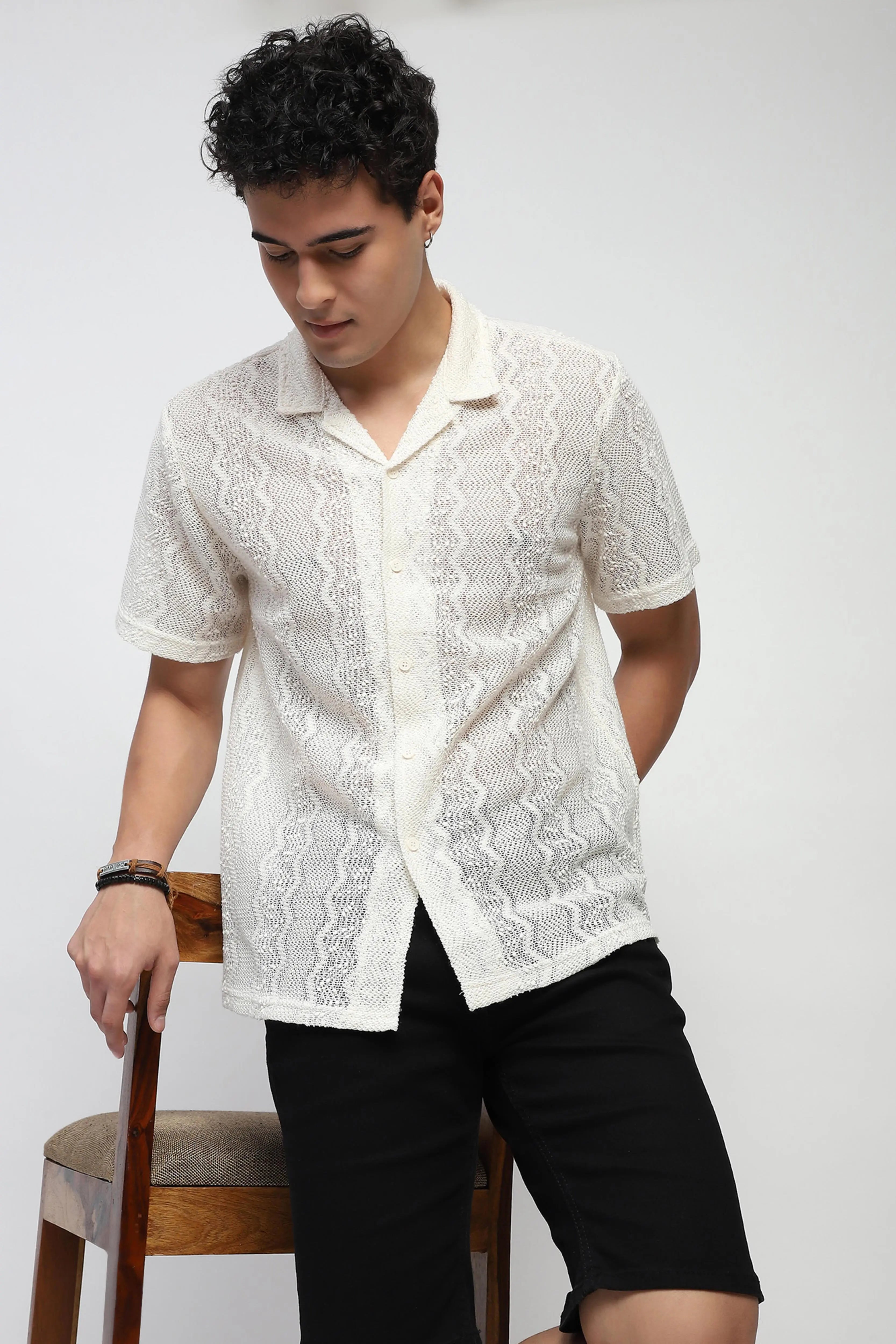 Ecru blend Knit Relaxed Fit Shirt - Global Republic