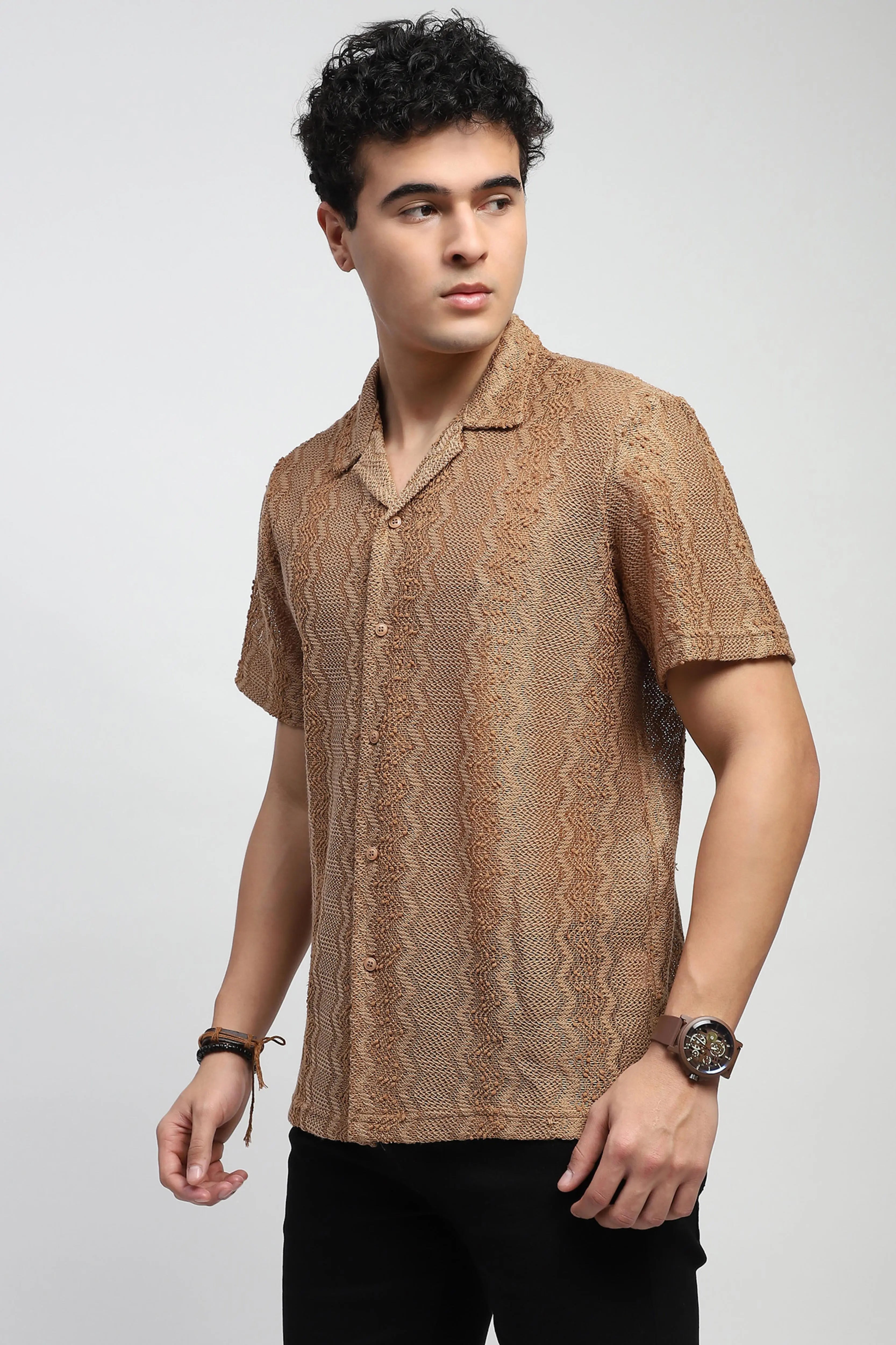 Brown blend Knit Relaxed Fit Shirt - Global Republic