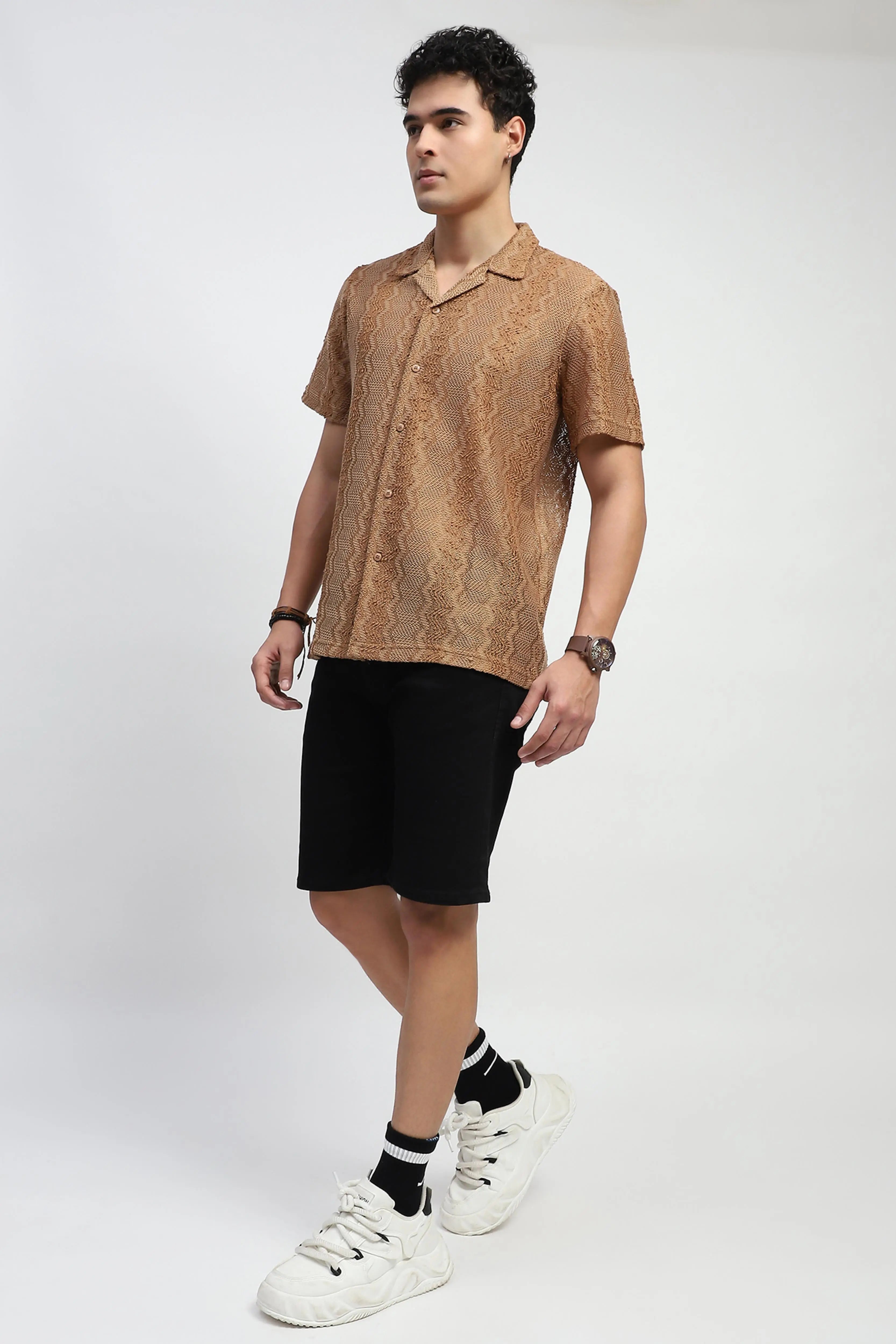 Brown blend Knit Relaxed Fit Shirt - Global Republic