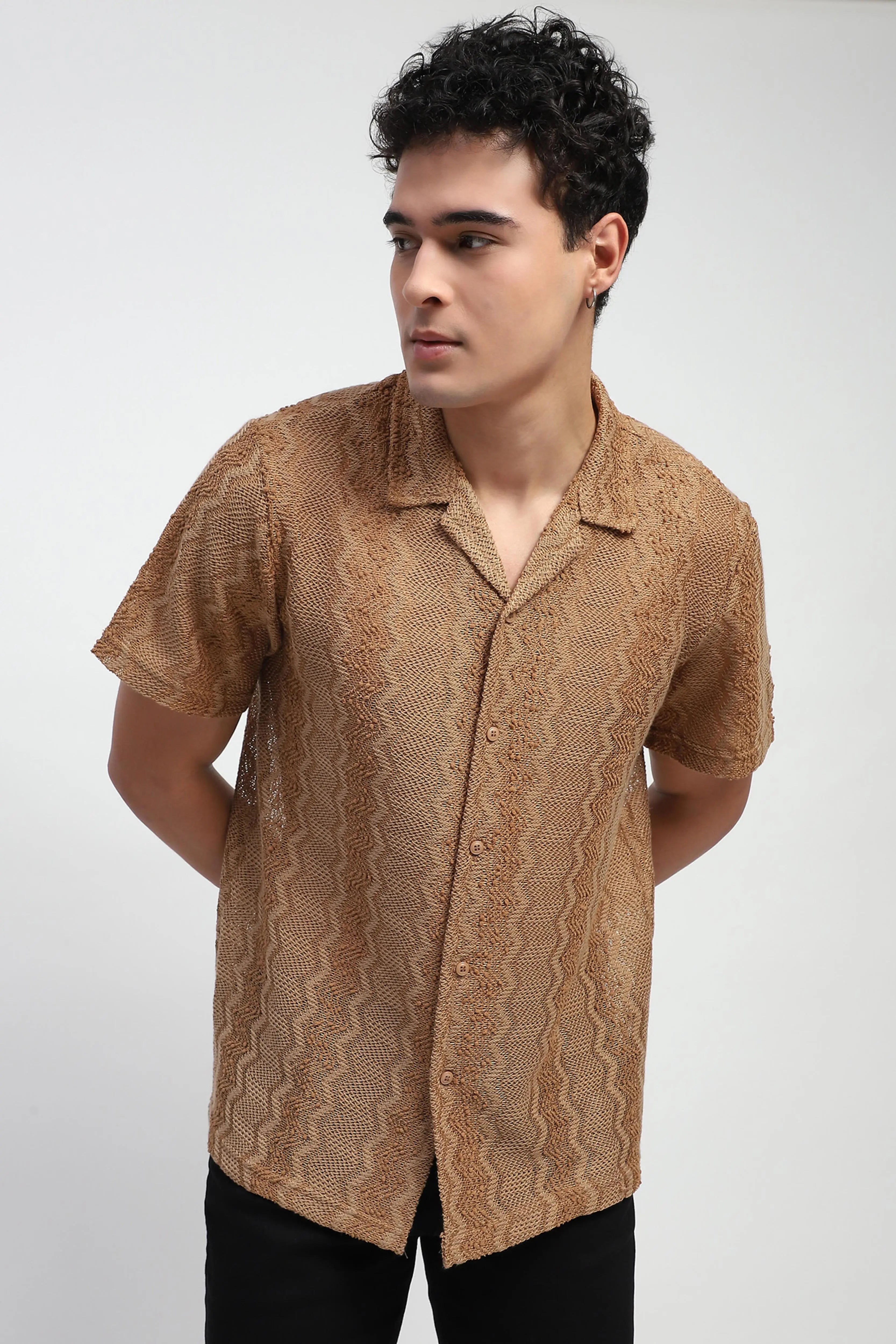 Brown blend Knit Relaxed Fit Shirt - Global Republic