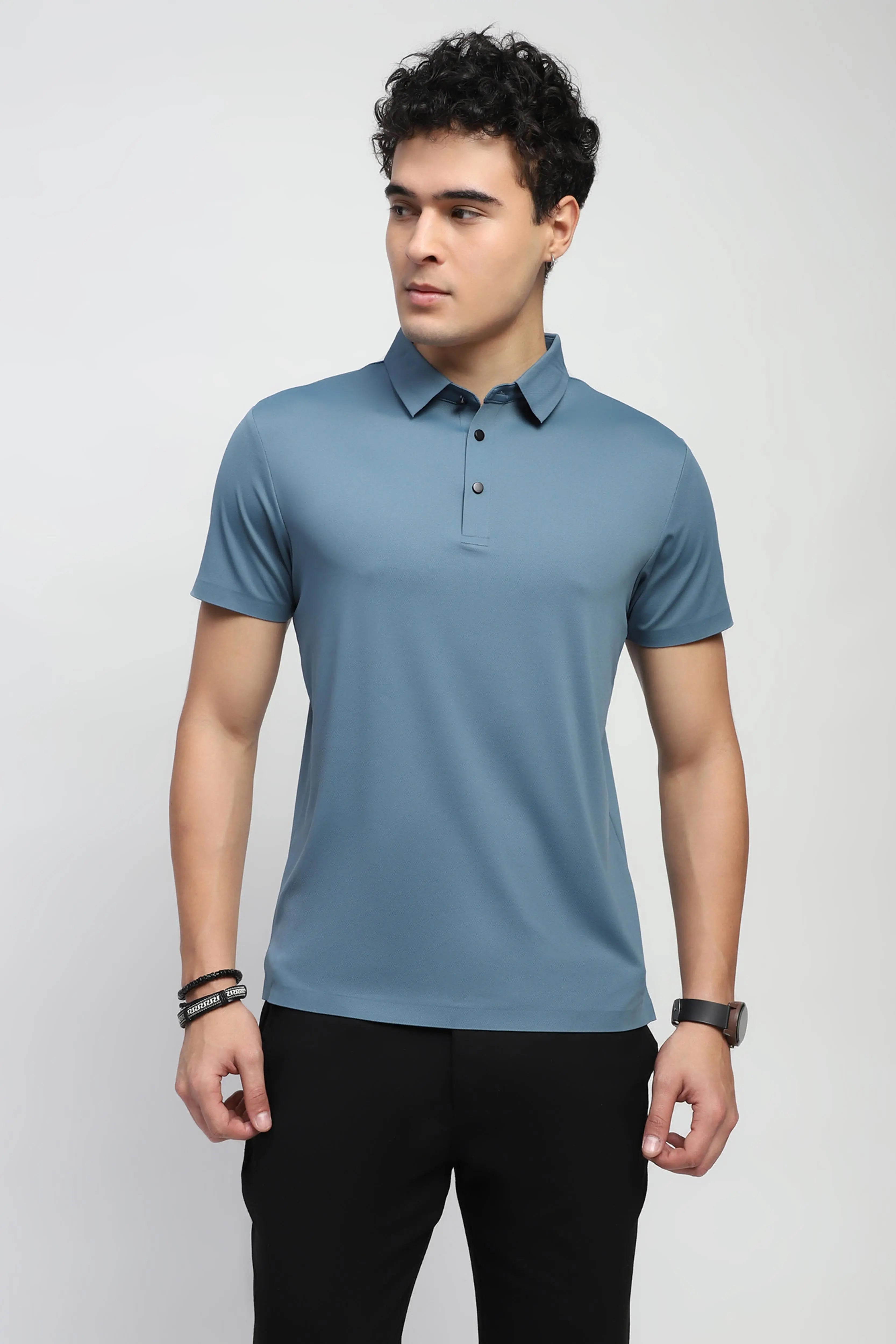 Blue Nylon Blend Solid T-Shirt - Global Republic