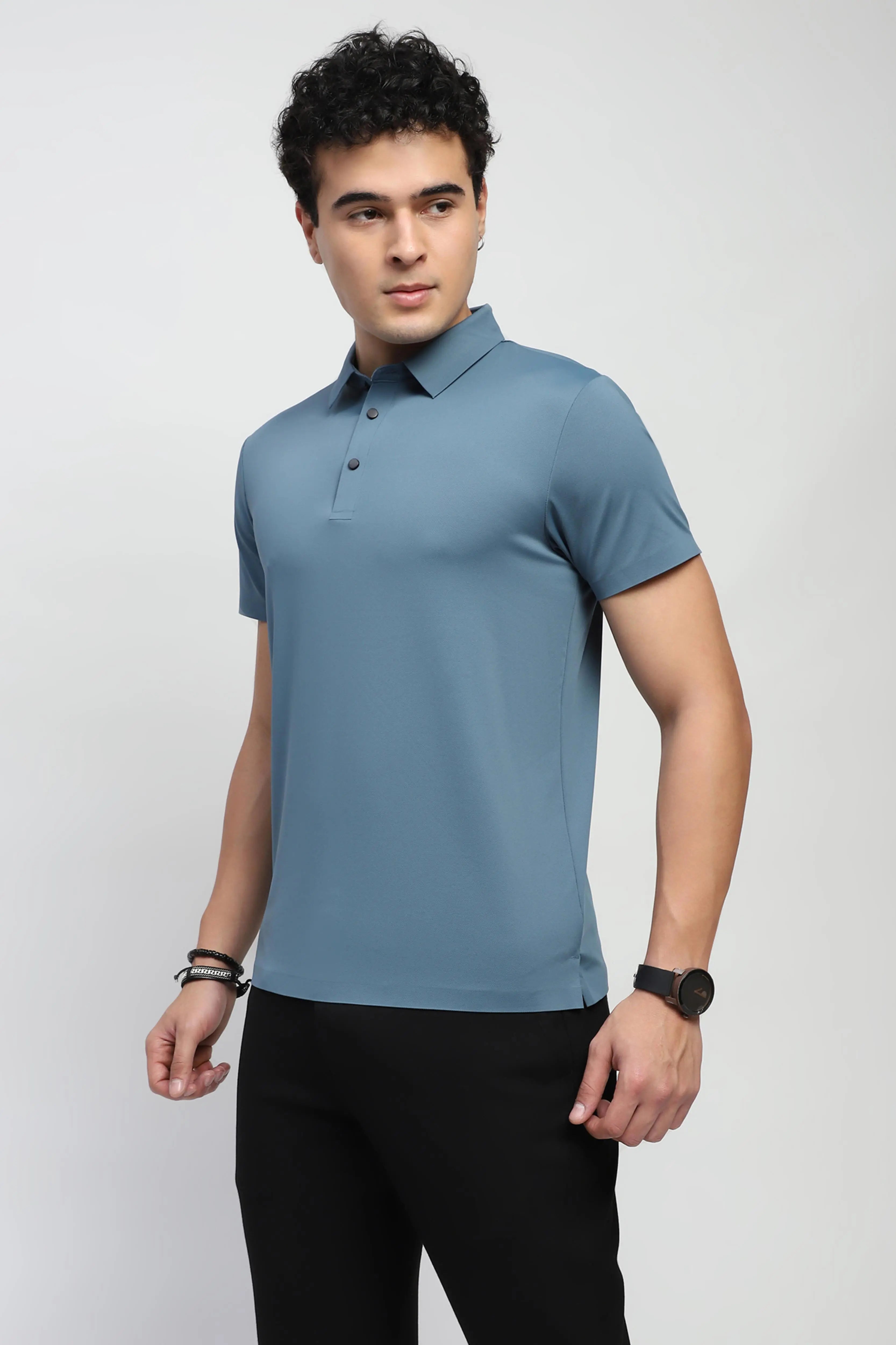 Blue Nylon Blend Solid T-Shirt - Global Republic