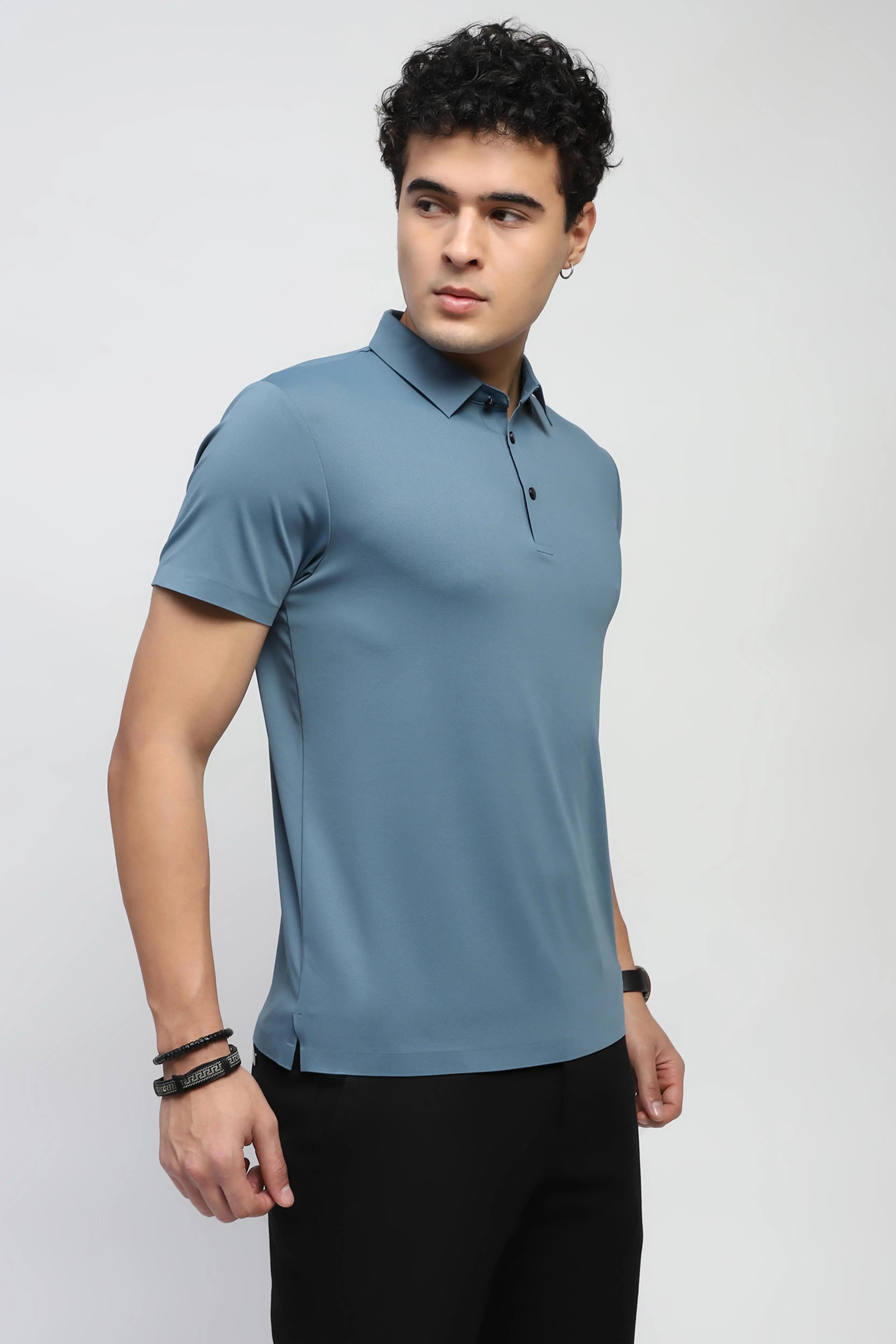 Blue Nylon Blend Solid T-Shirt - Global Republic