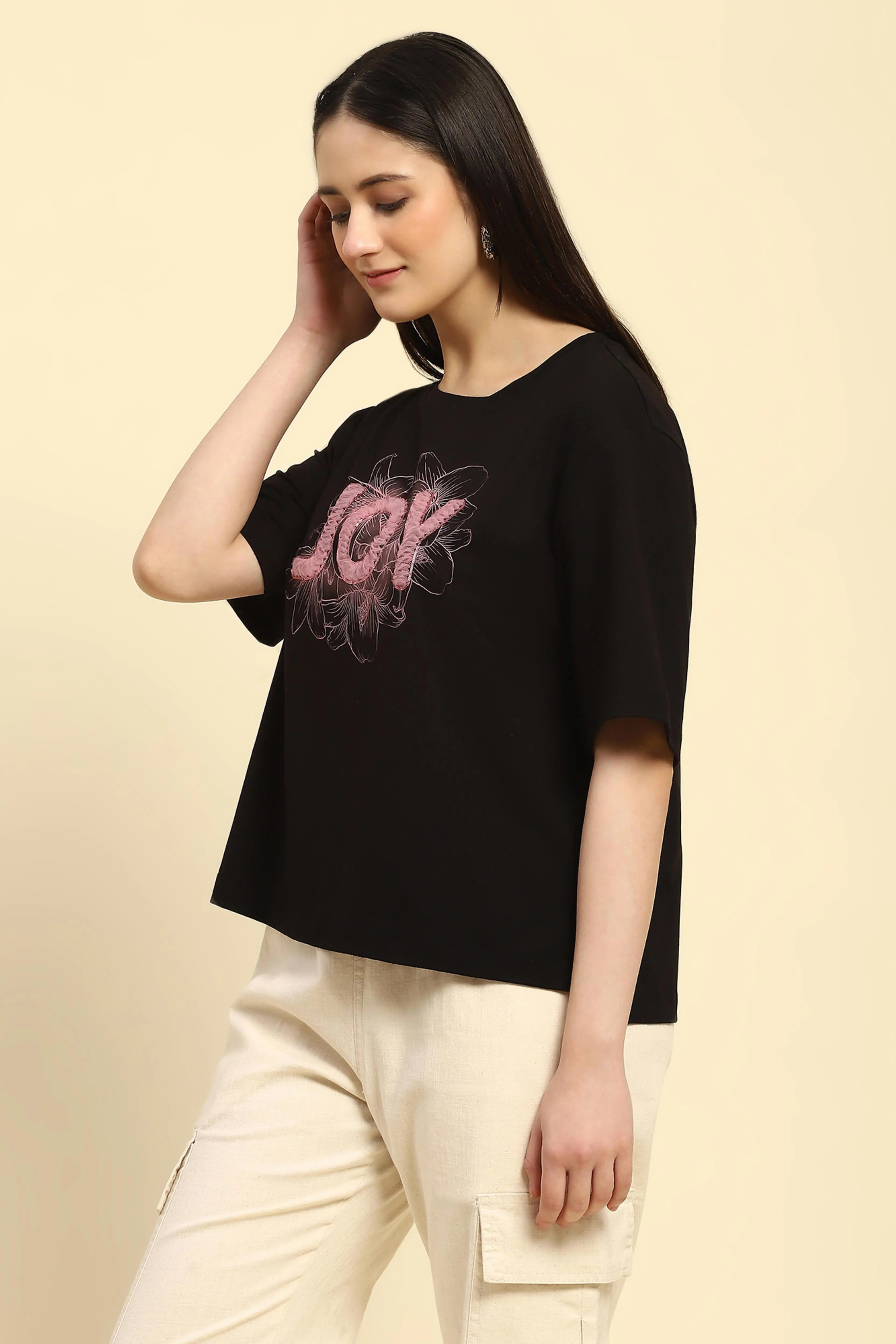 Black Embroidered Cotton Boxy Top - Global Republic