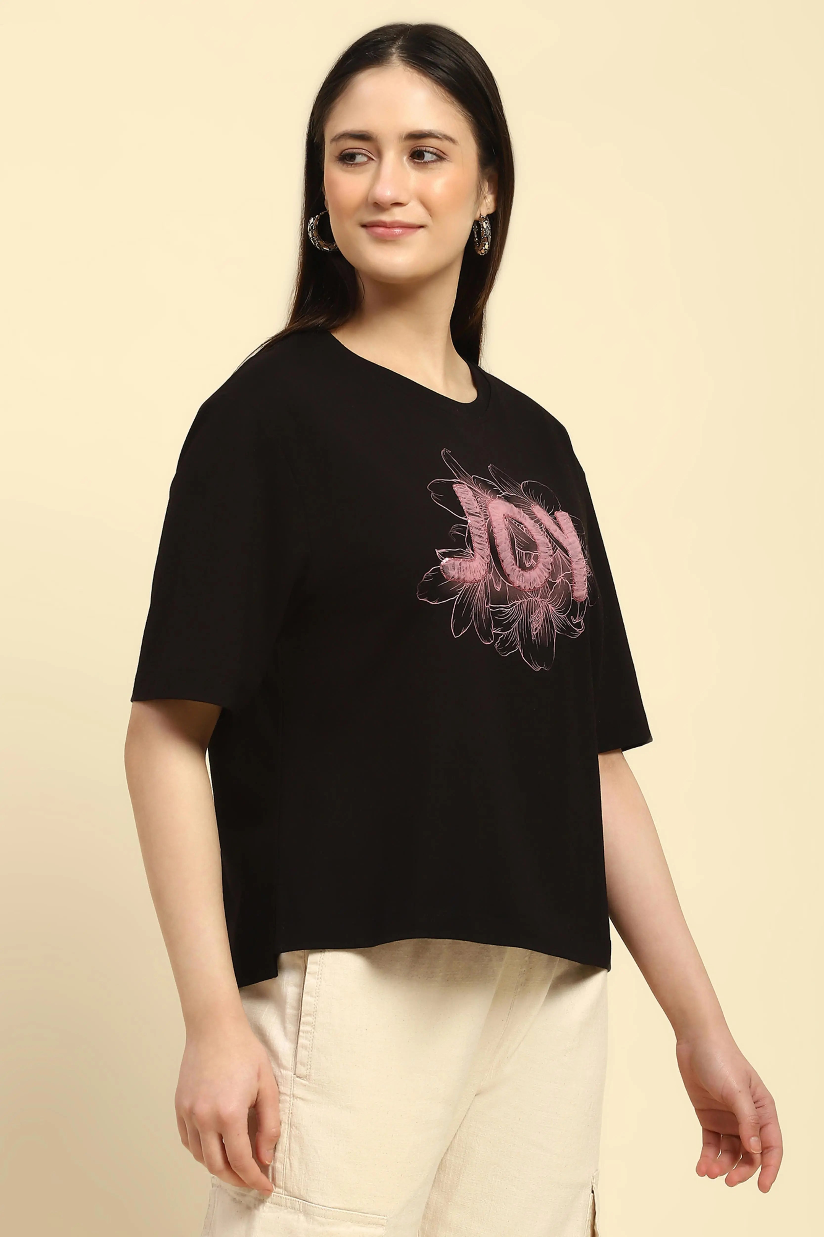 Black Embroidered Cotton Boxy Top - Global Republic