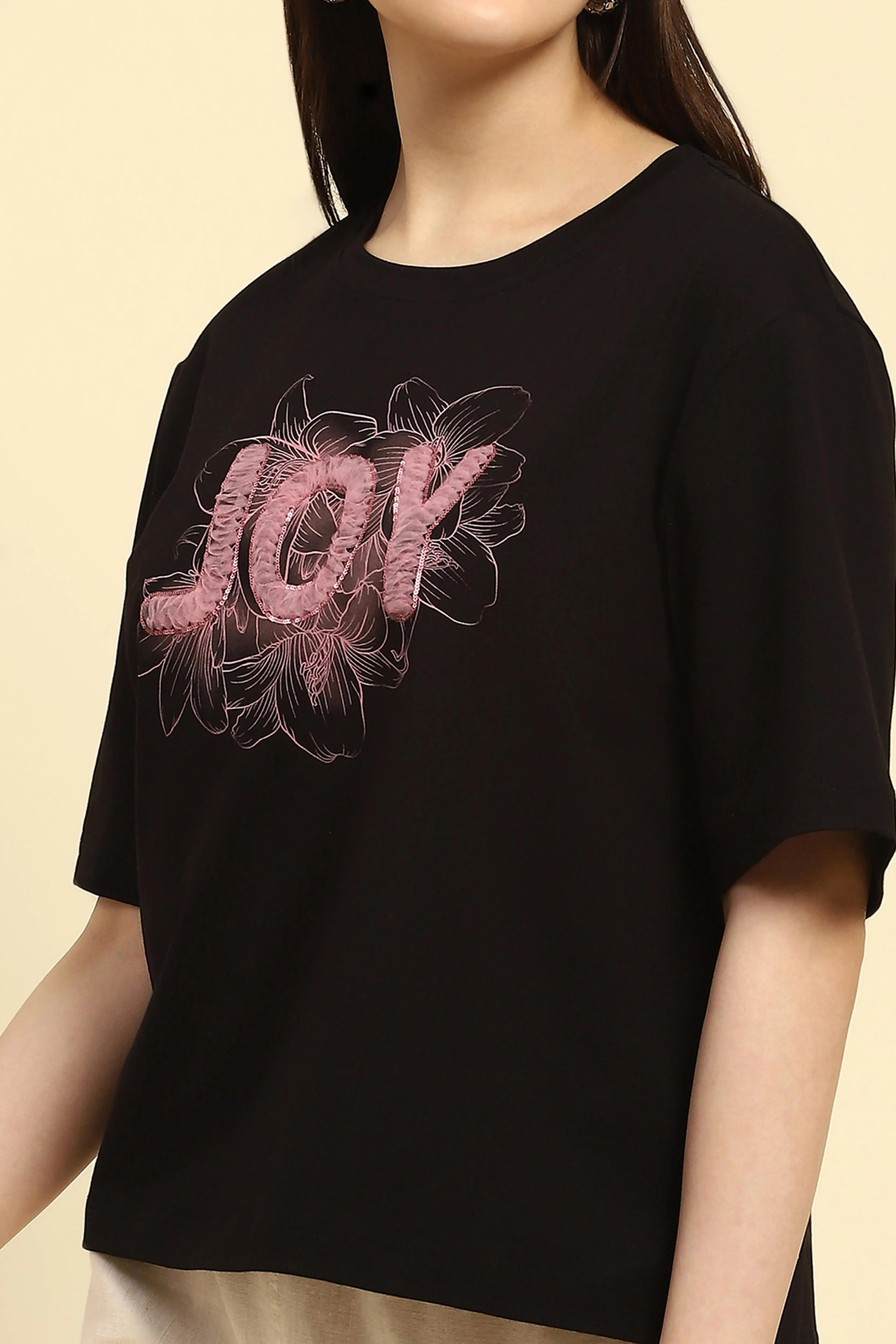 Black Embroidered Cotton Boxy Top - Global Republic