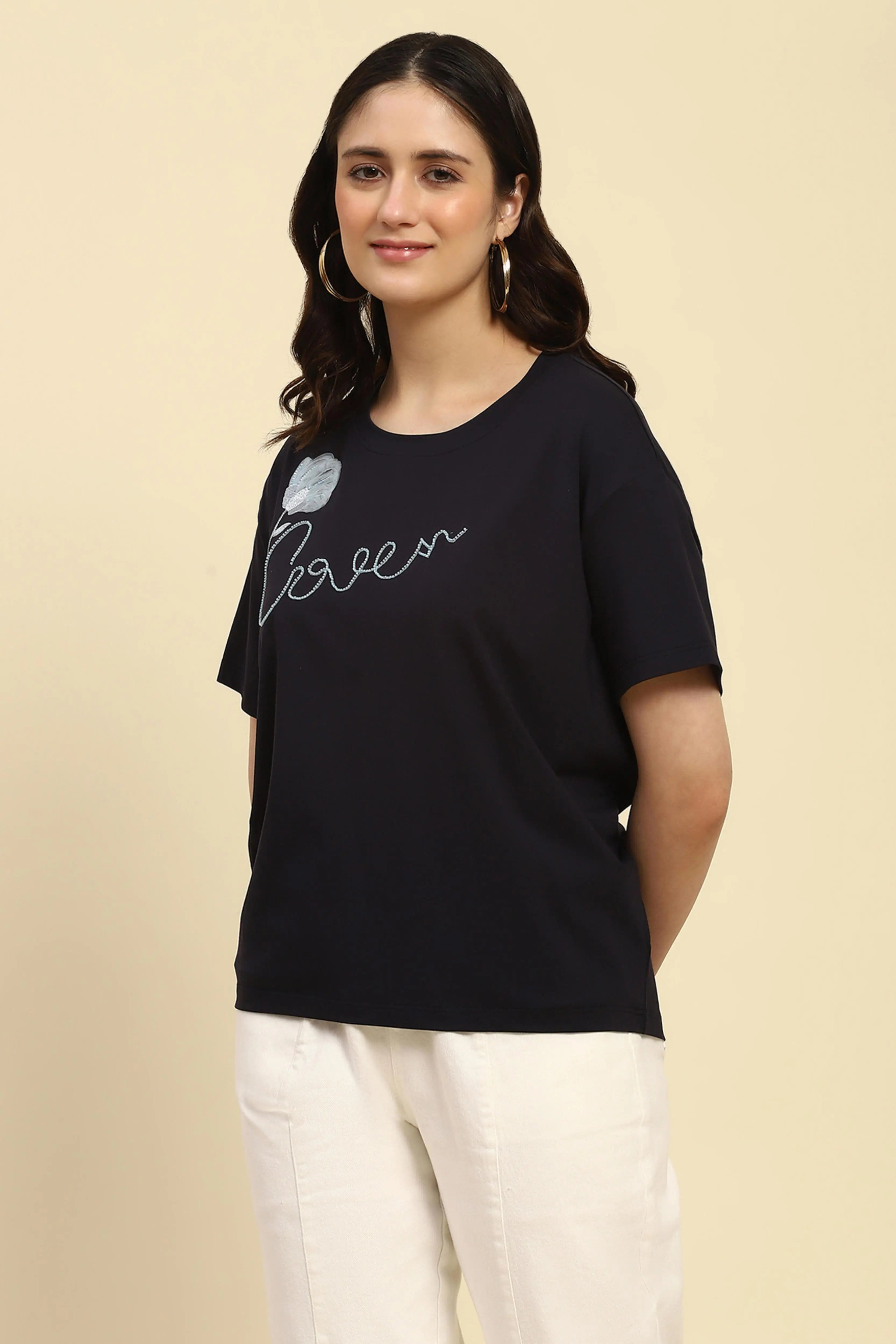 Navy Embroidered Modal Oversized Top - Global Republic