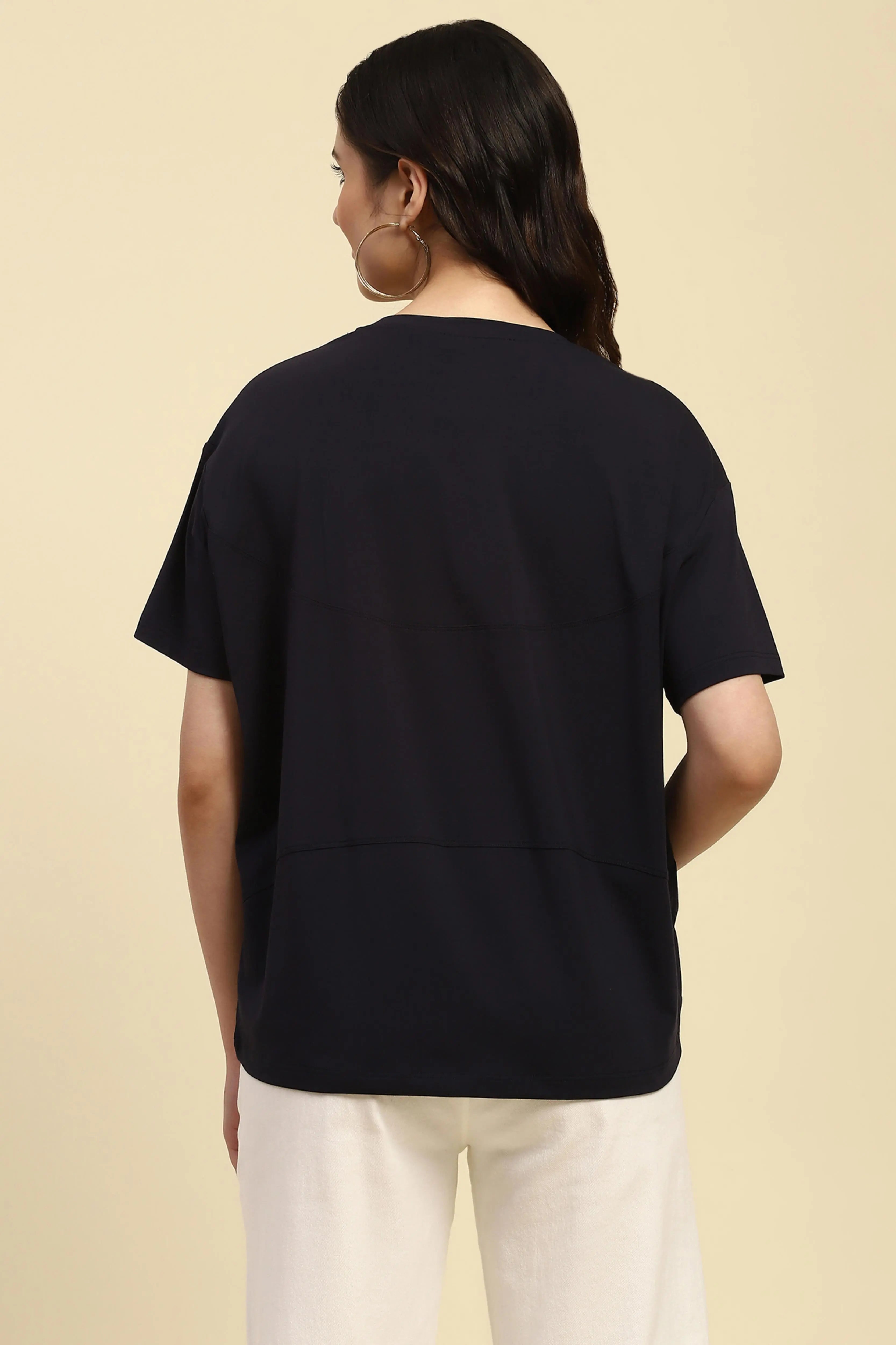 Navy Embroidered Modal Oversized Top - Global Republic
