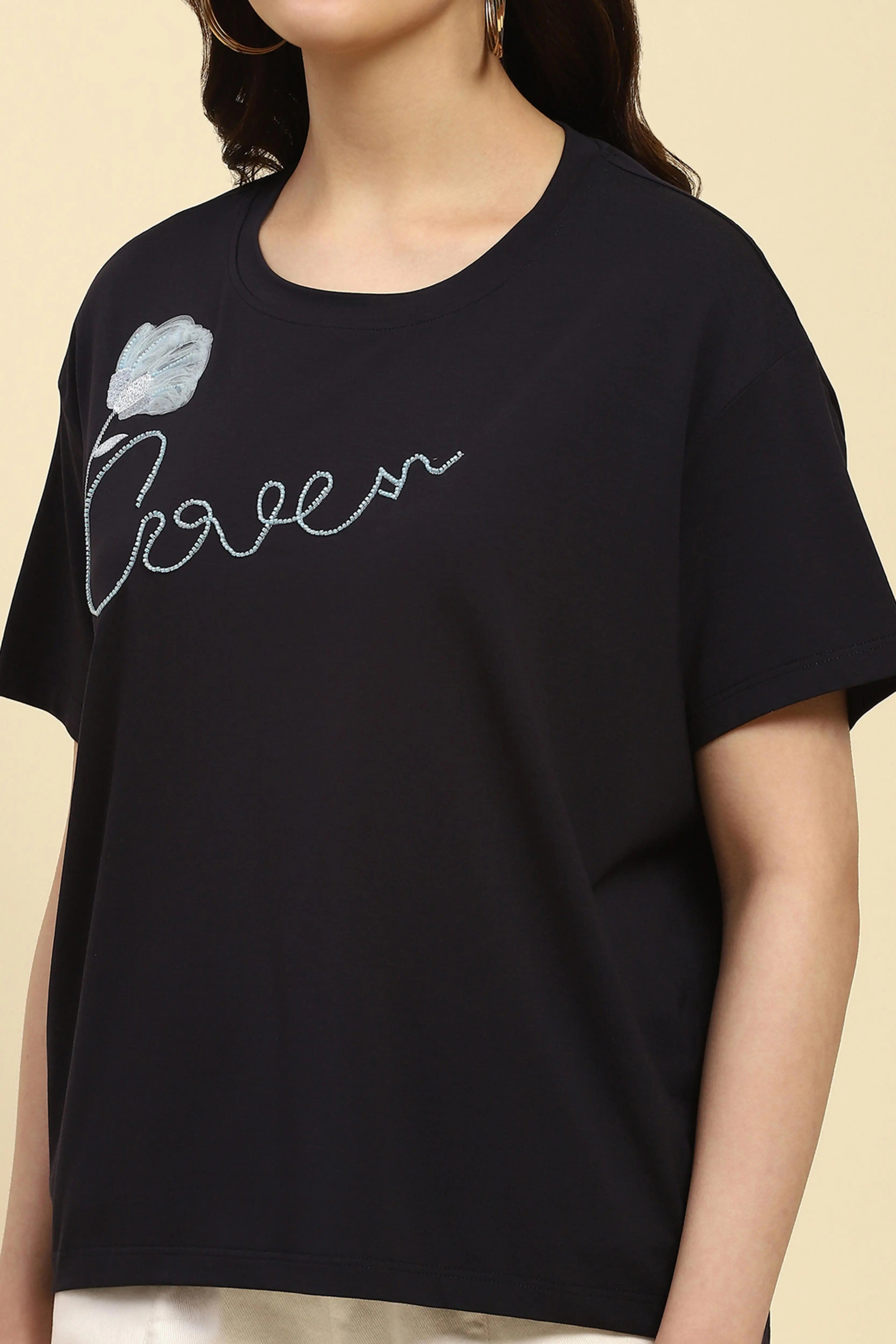 Navy Embroidered Modal Oversized Top - Global Republic