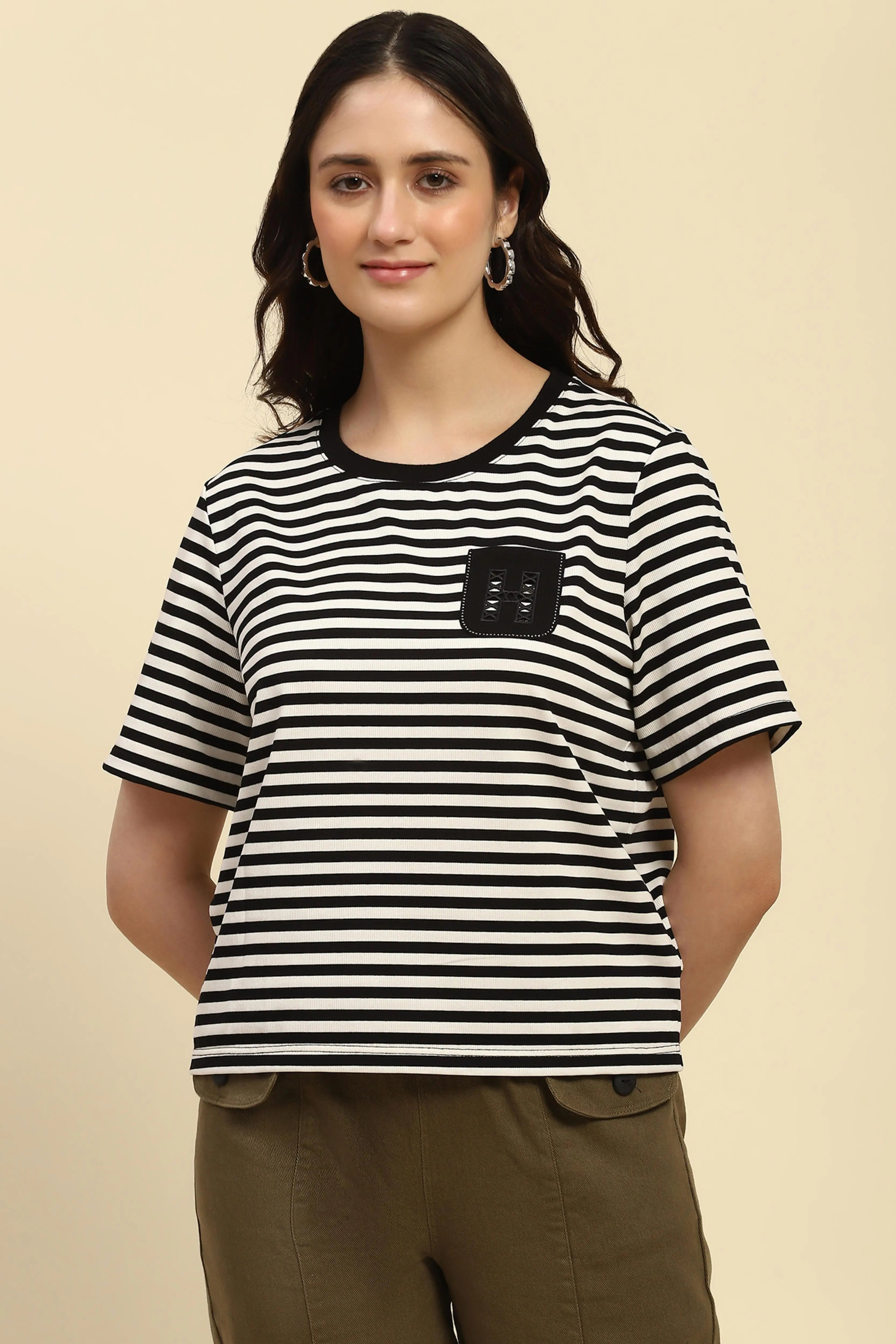 Black Striped Cotton Blend Boxy Fit Top - Global Republic