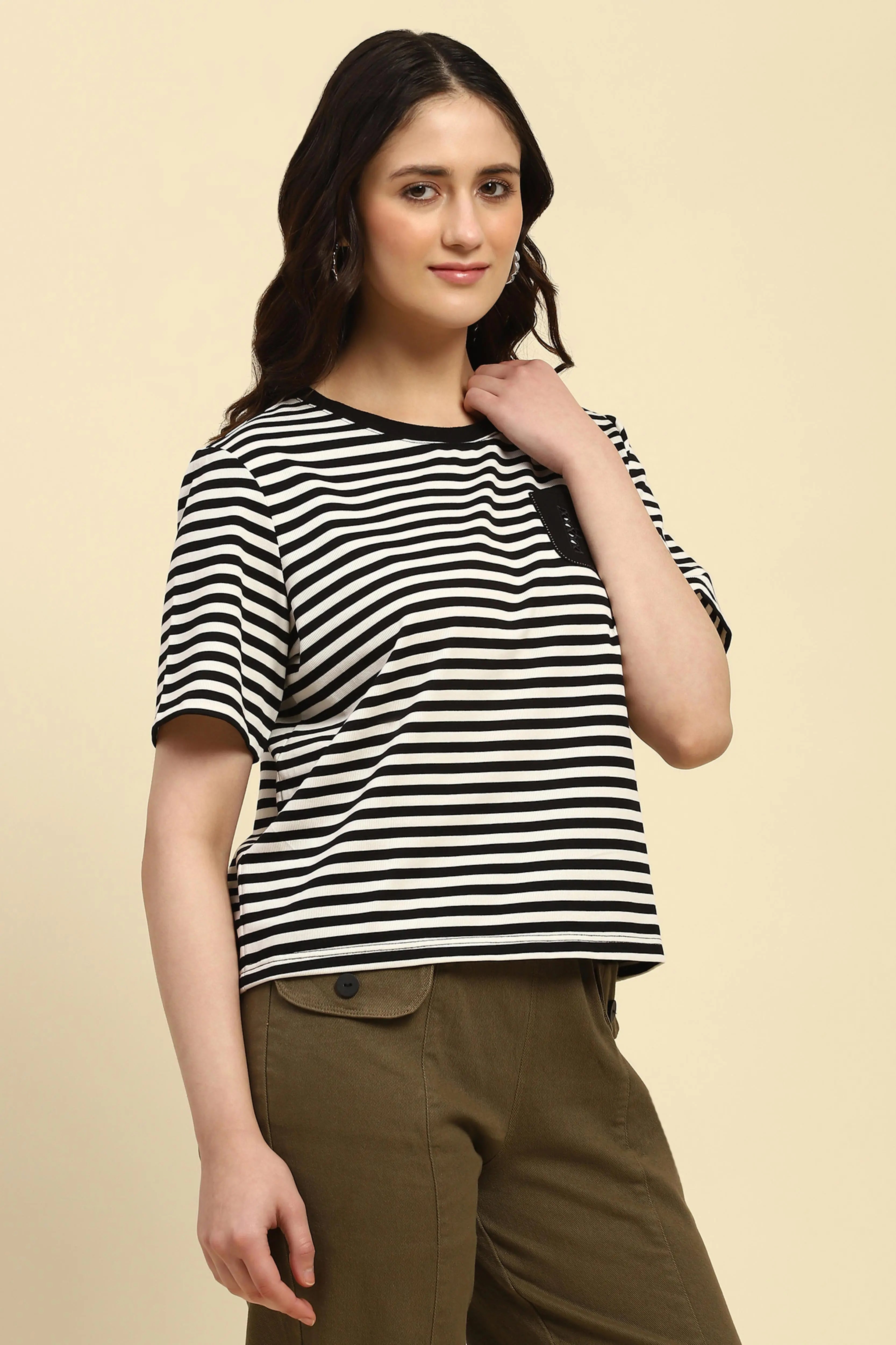 Black Striped Cotton Blend Boxy Fit Top - Global Republic