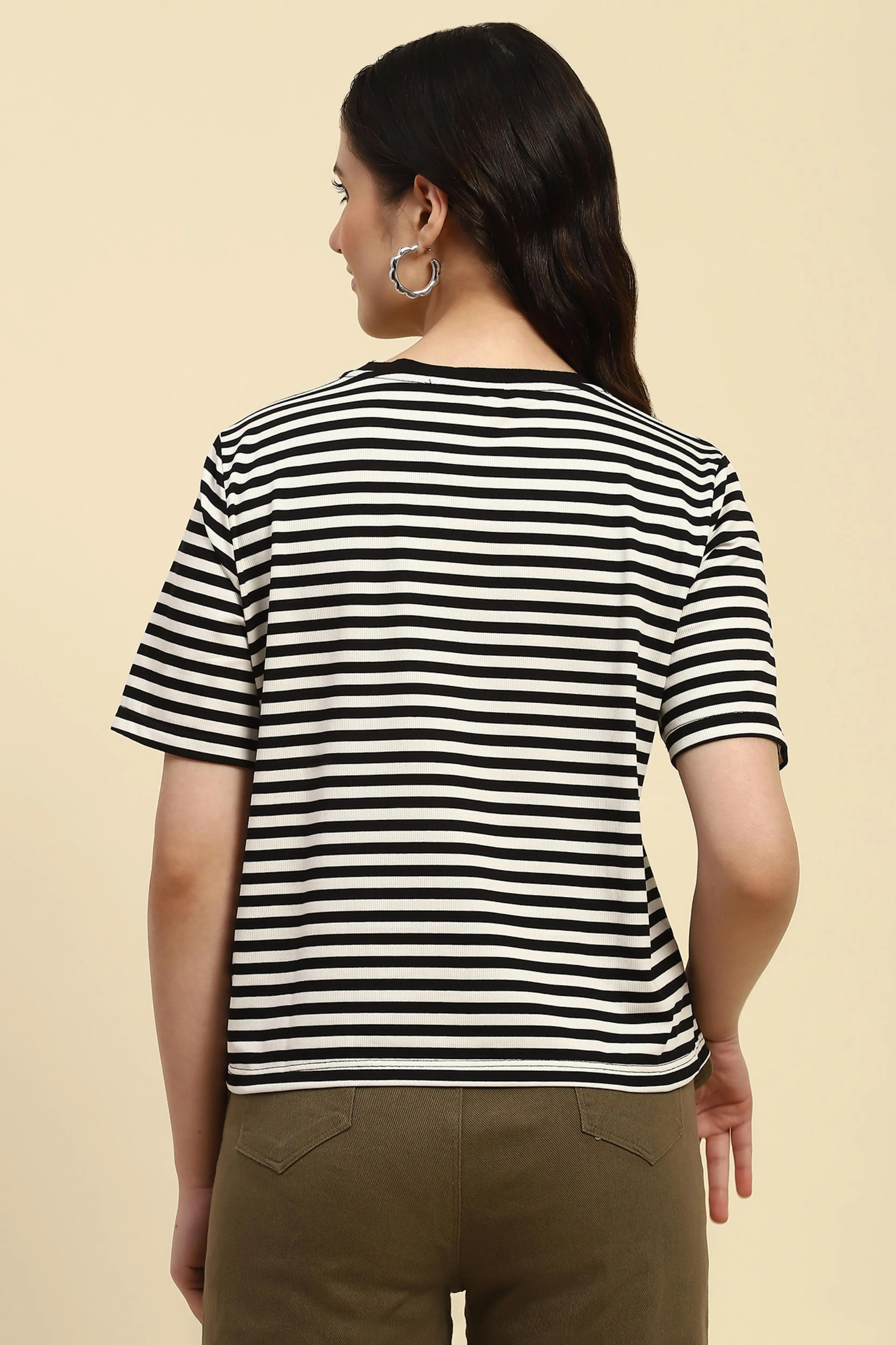 Black Striped Cotton Blend Boxy Fit Top - Global Republic