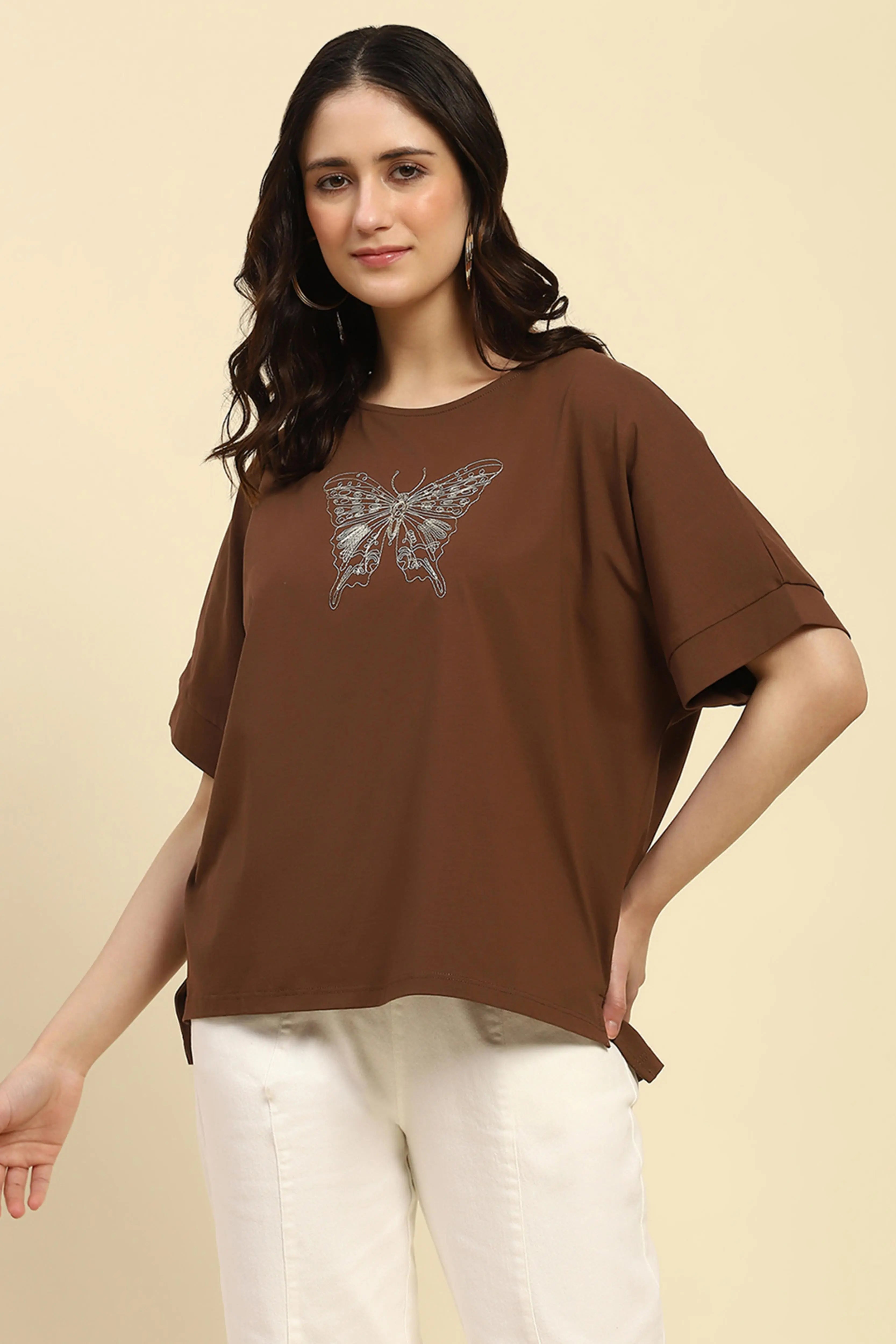 Brown Embroidered Cotton Boxy Top - Global Republic