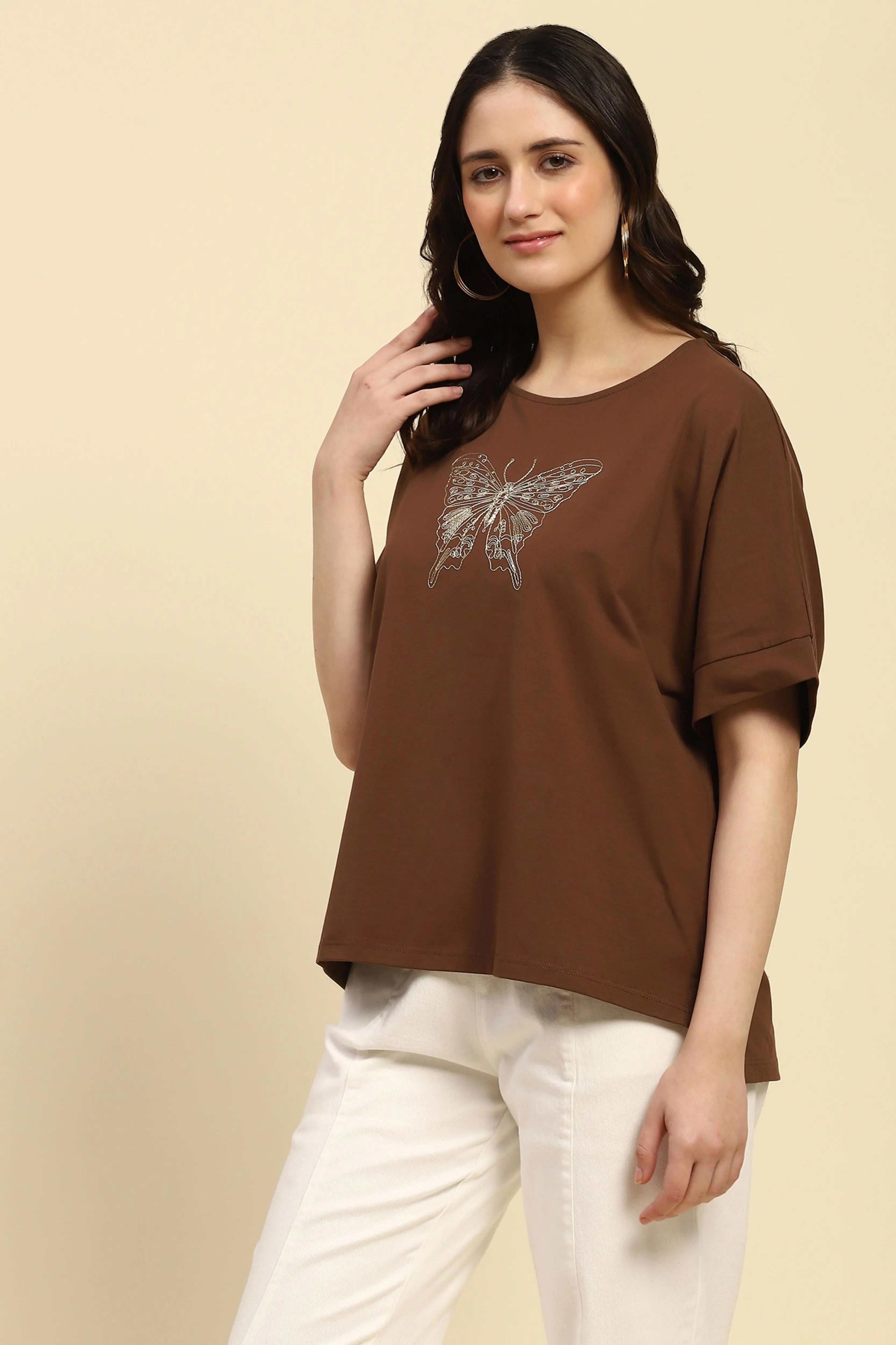 Brown Embroidered Cotton Boxy Top - Global Republic