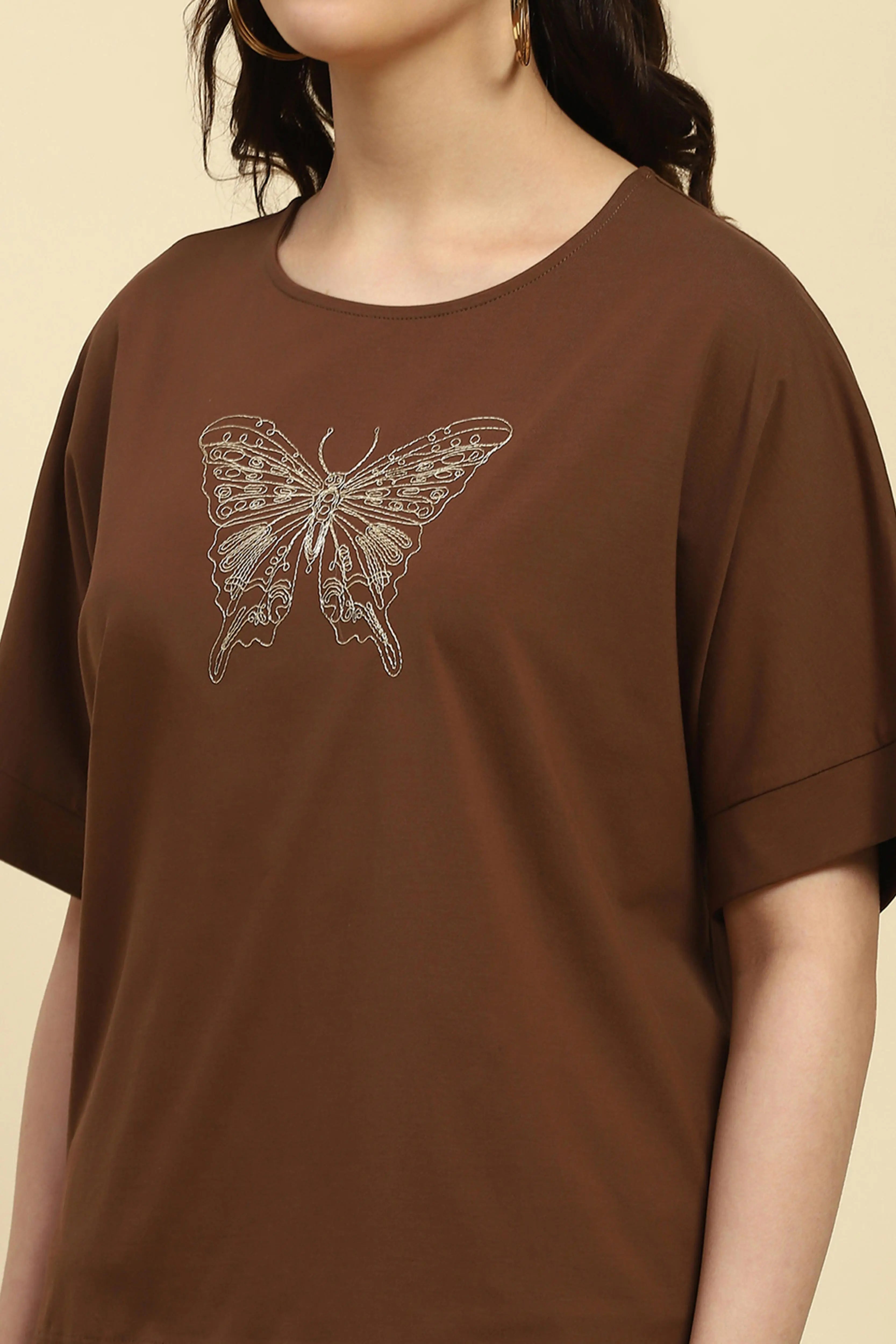 Brown Embroidered Cotton Boxy Top - Global Republic