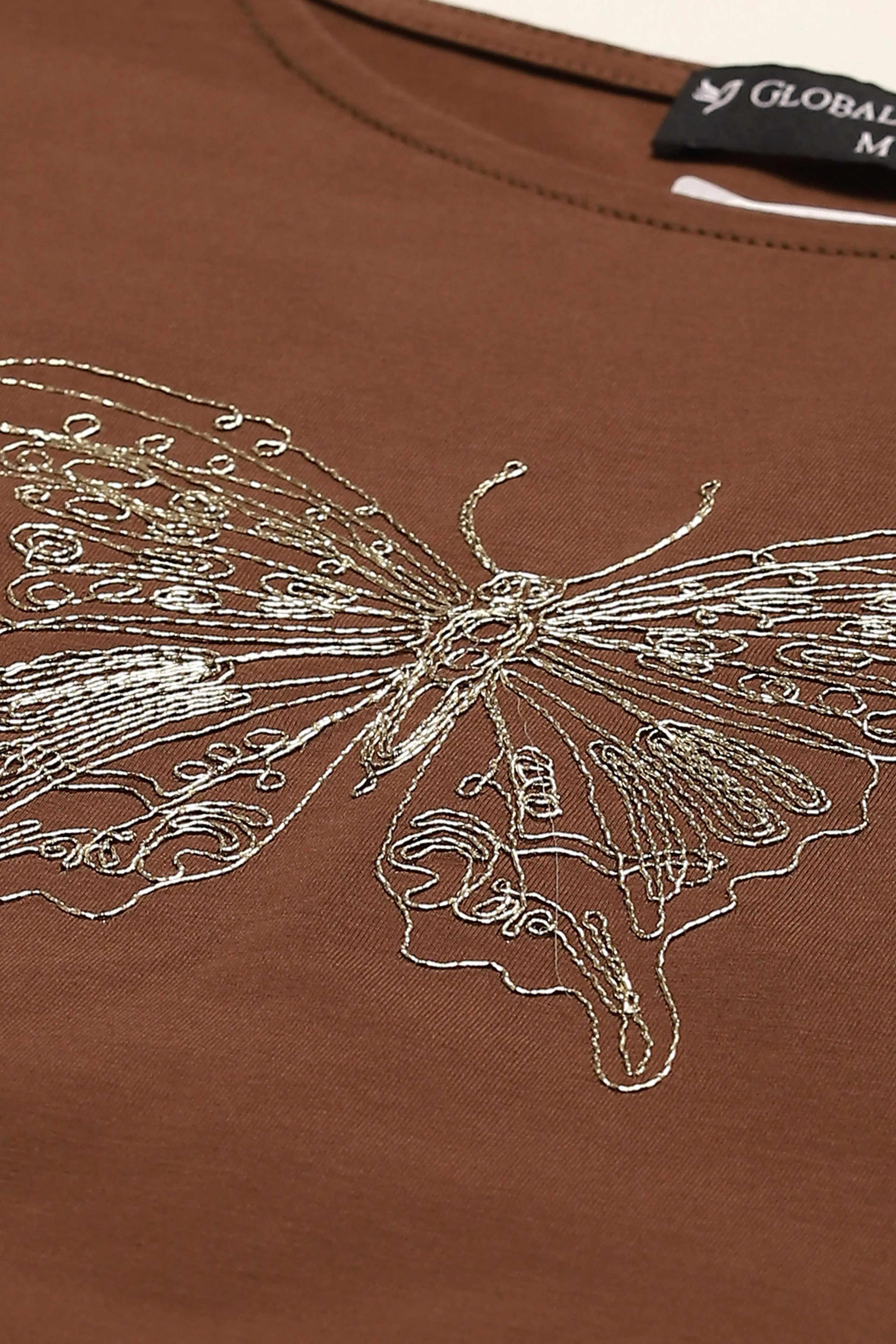 Brown Embroidered Cotton Boxy Top - Global Republic