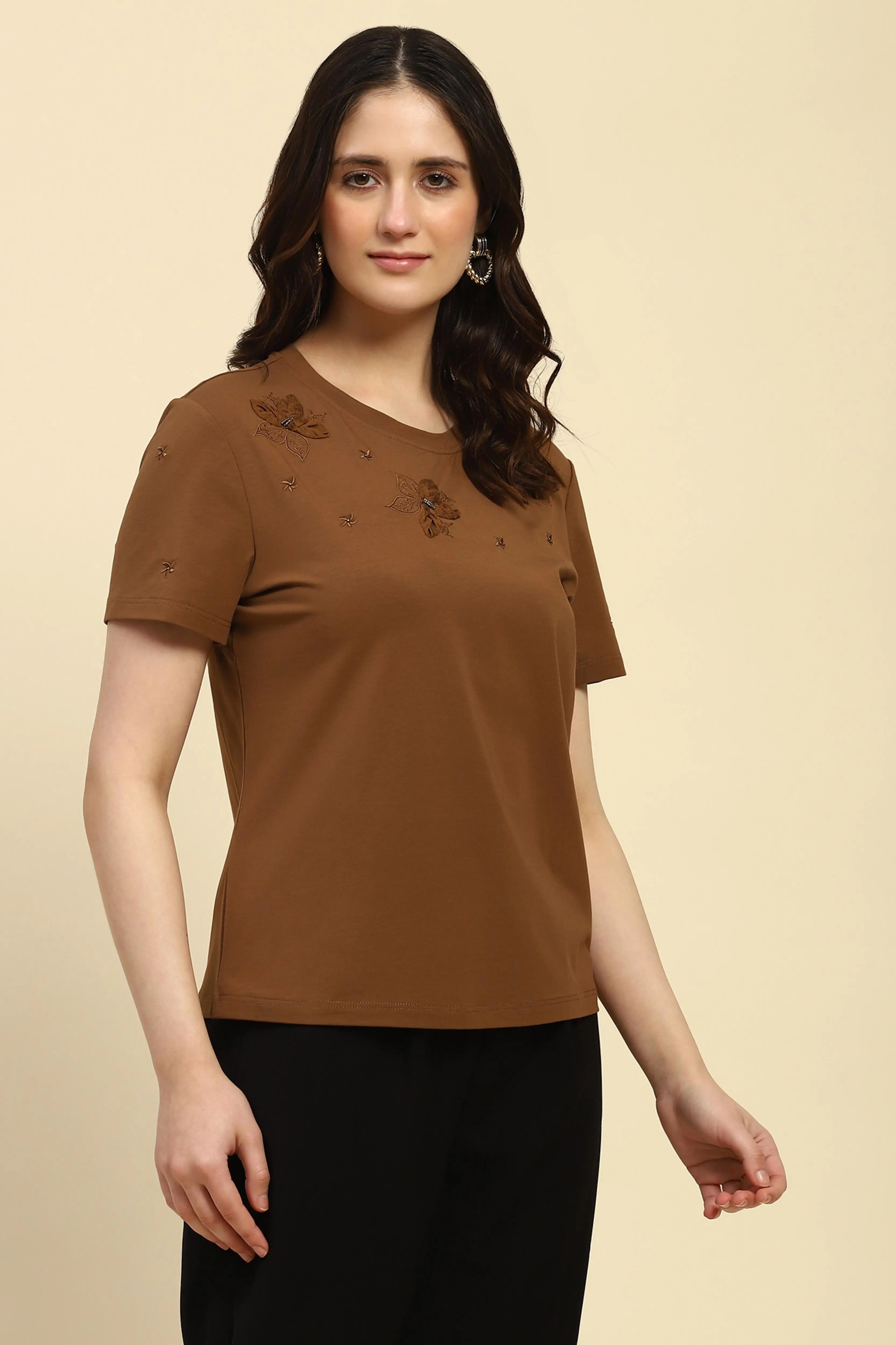 Brown Embroidered Modal Top - Global Republic