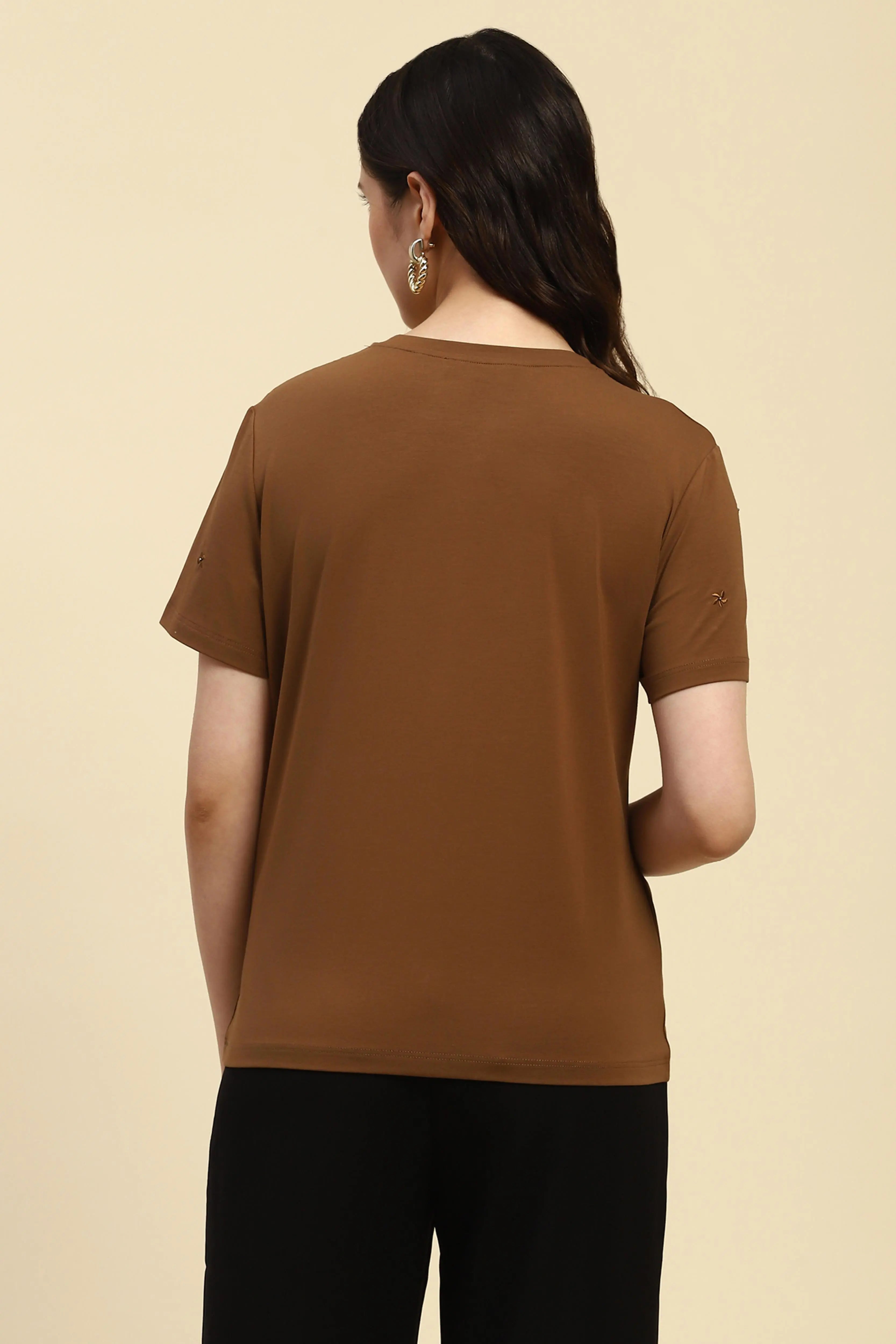 Brown Embroidered Modal Top - Global Republic