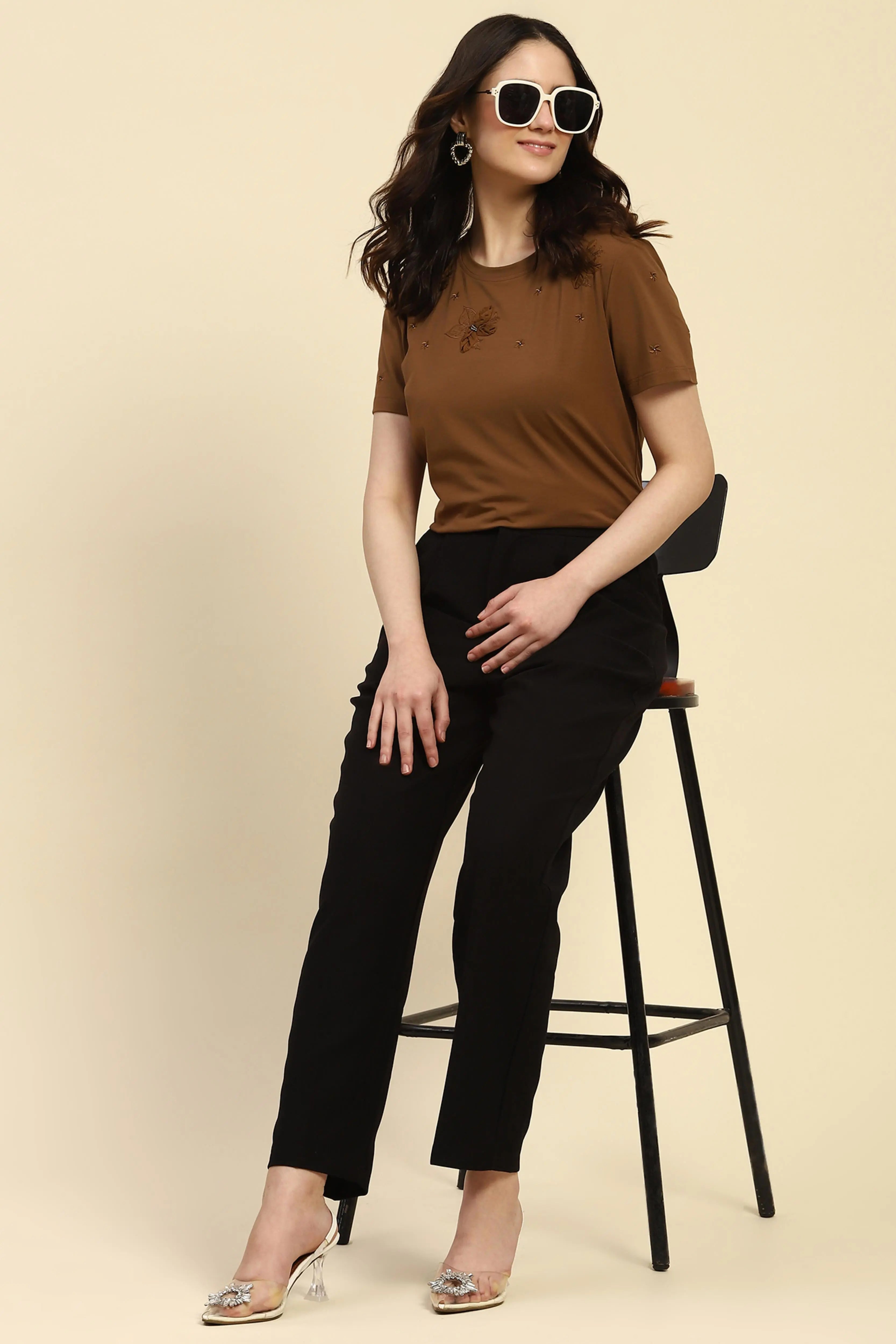 Brown Embroidered Modal Top - Global Republic