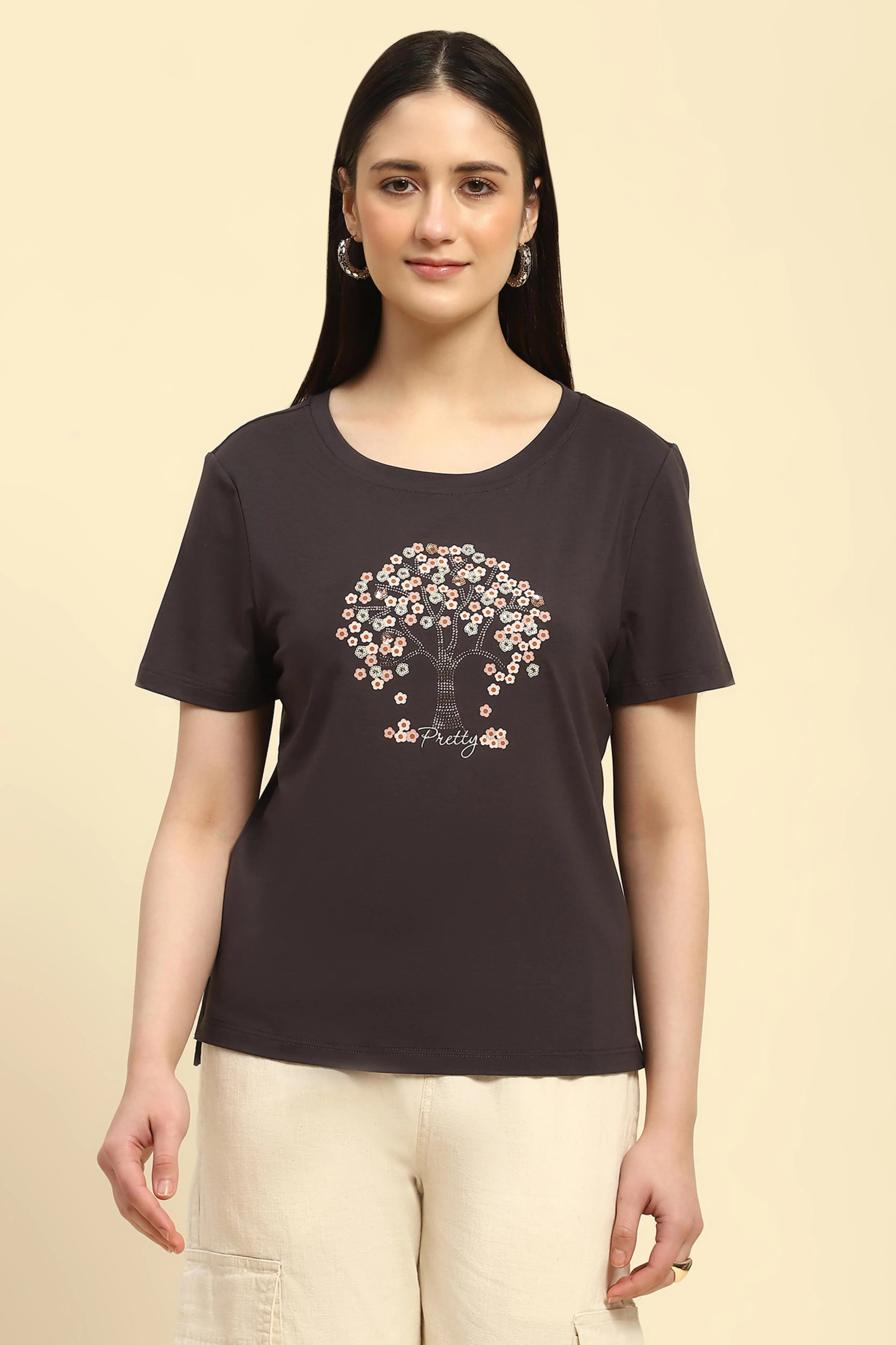 Grey Embellished Modal Blend Top - Global Republic