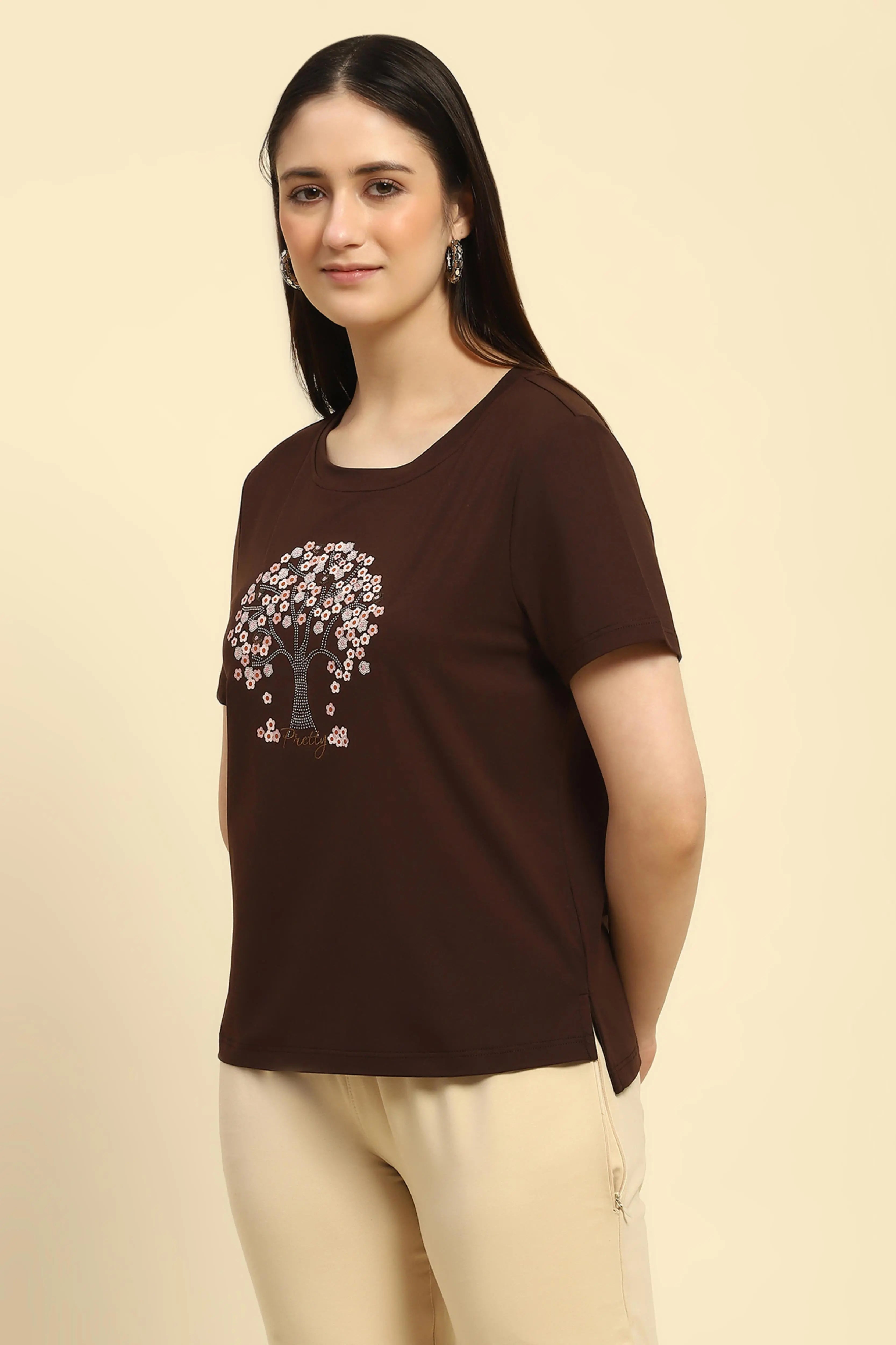 Brown Modal Embroidered Top - Global Republic