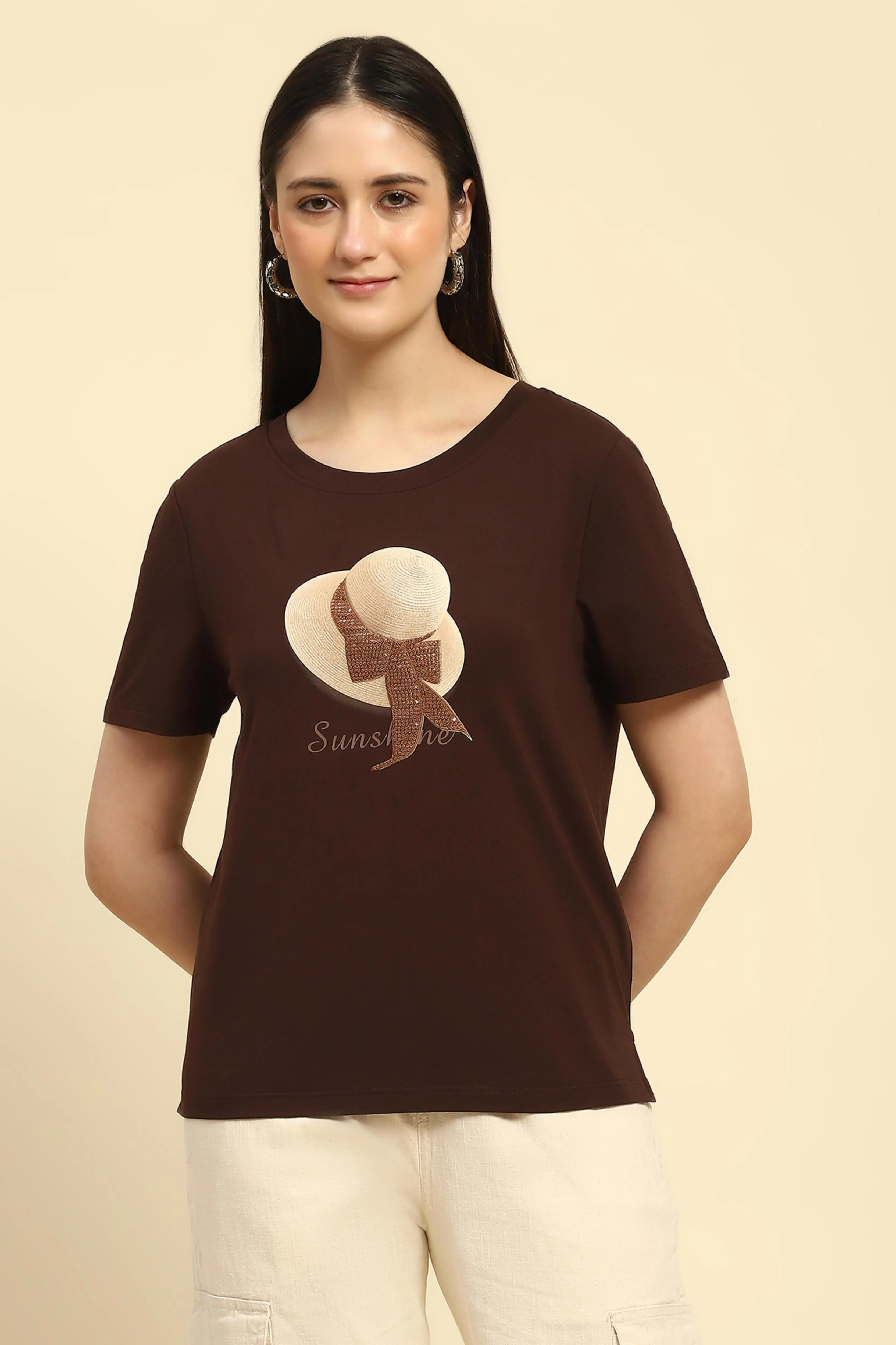Brown Embroidered Modal Relaxed Fit Top - Global Republic