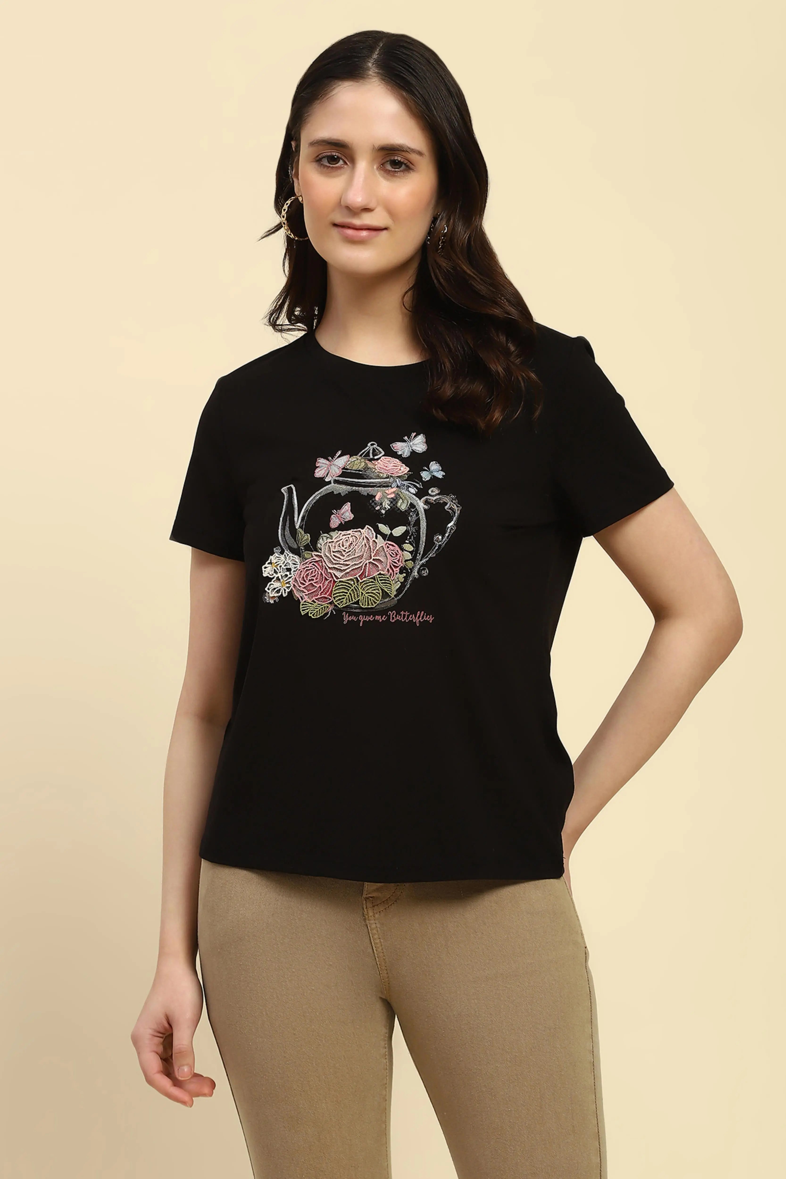 Black 3D Embroidered Modal Top - Global Republic