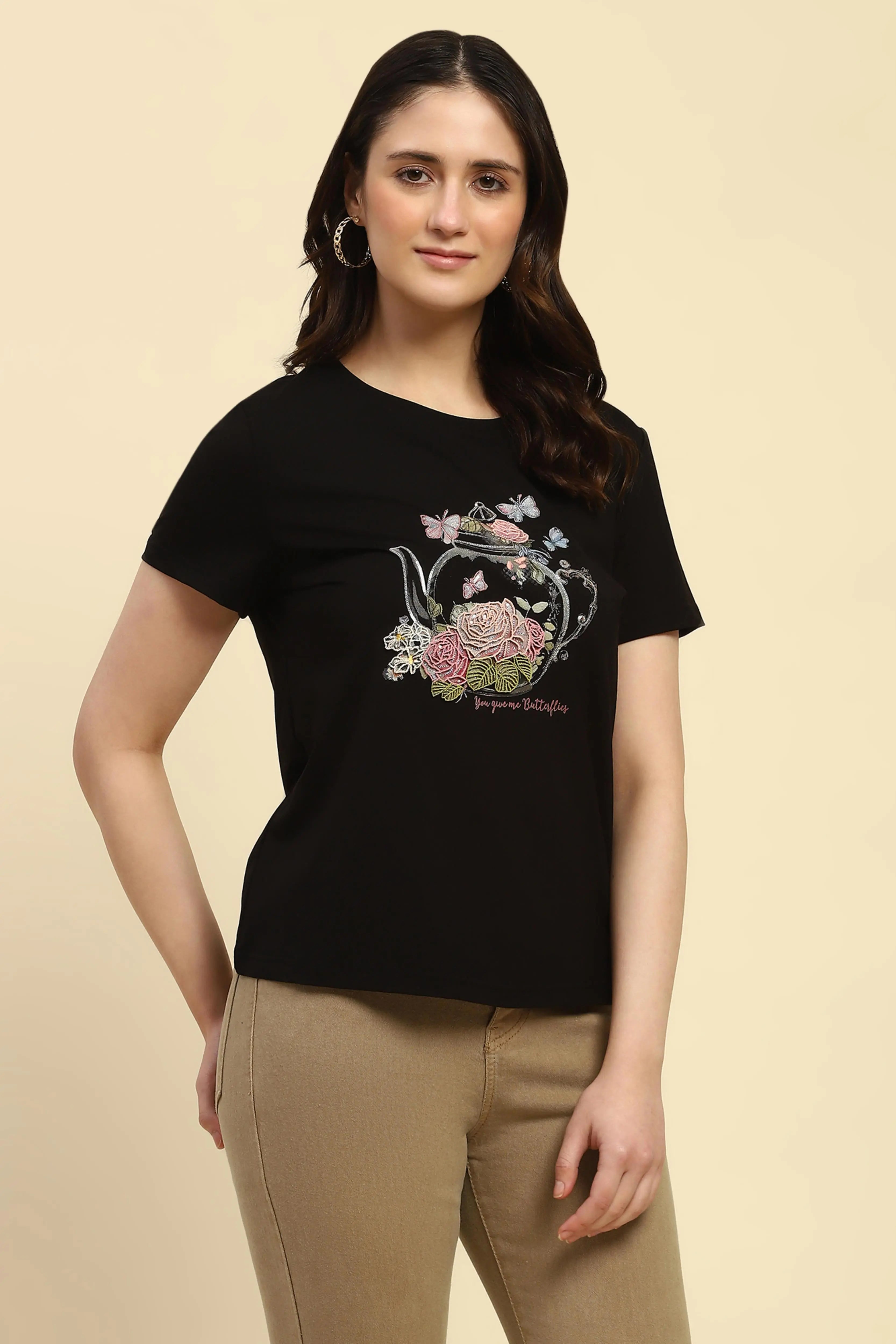 Black 3D Embroidered Modal Top - Global Republic