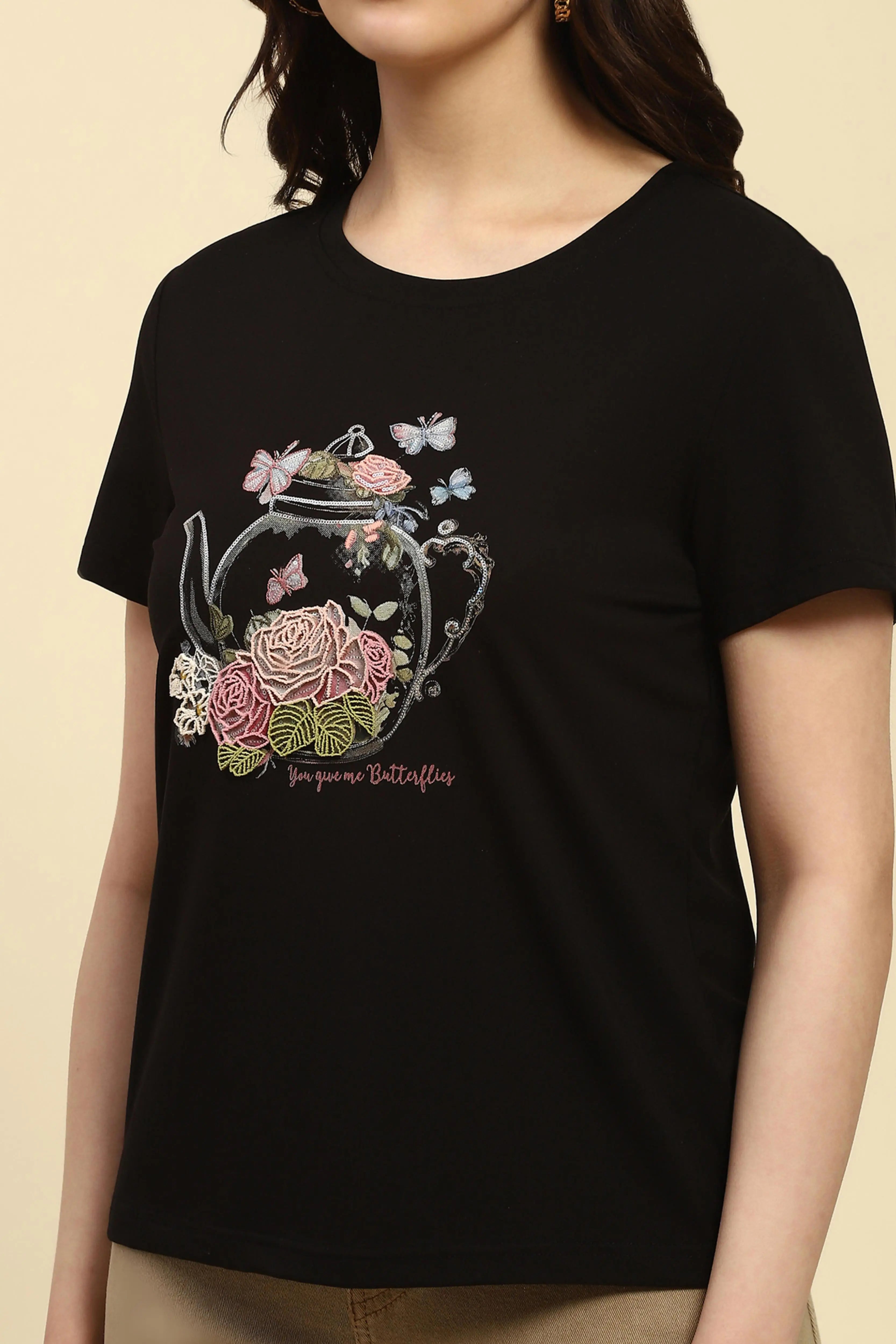 Black 3D Embroidered Modal Top - Global Republic