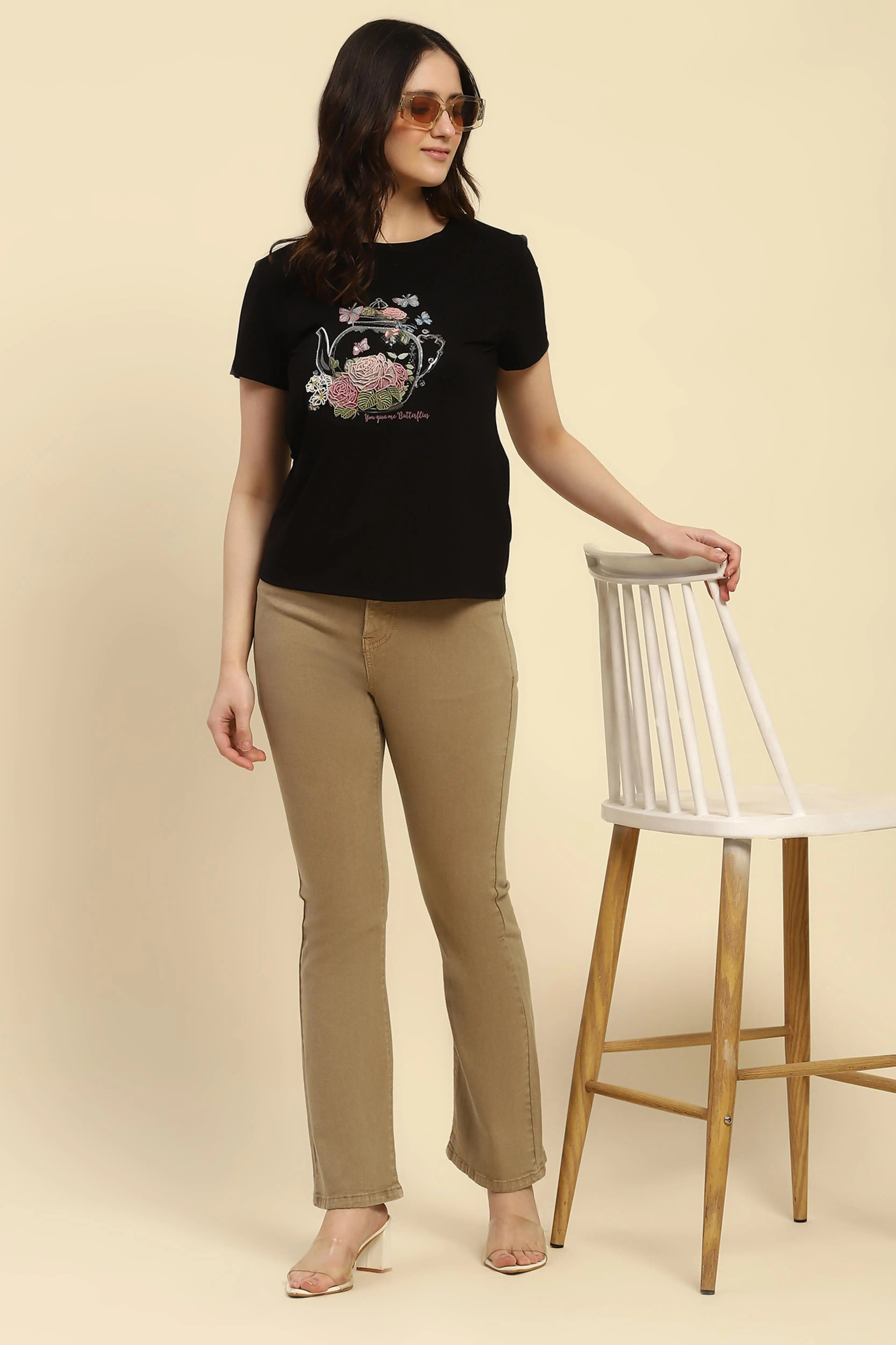 Black 3D Embroidered Modal Top - Global Republic