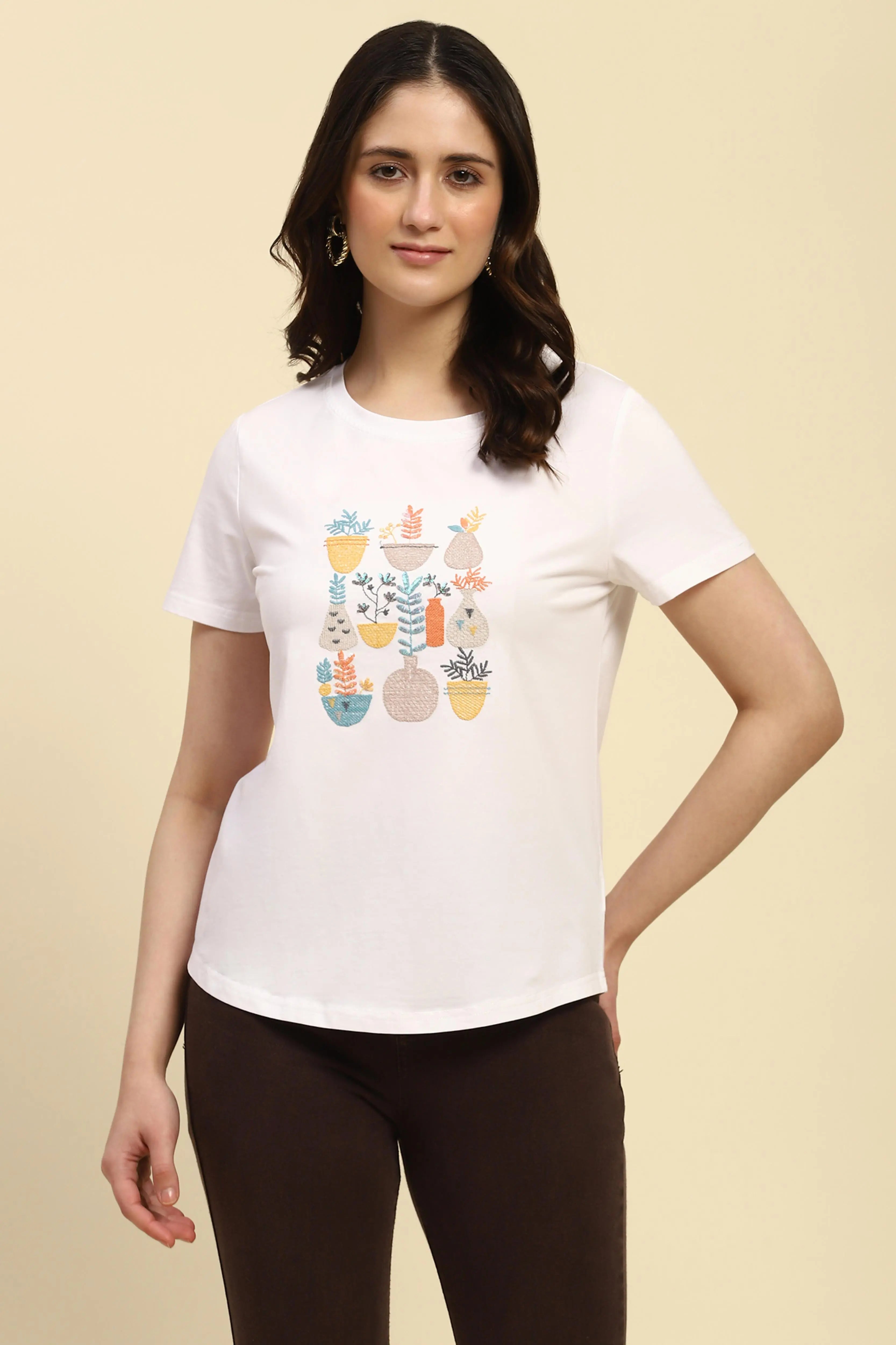 White Embroidered Round Neck Top - Global Republic