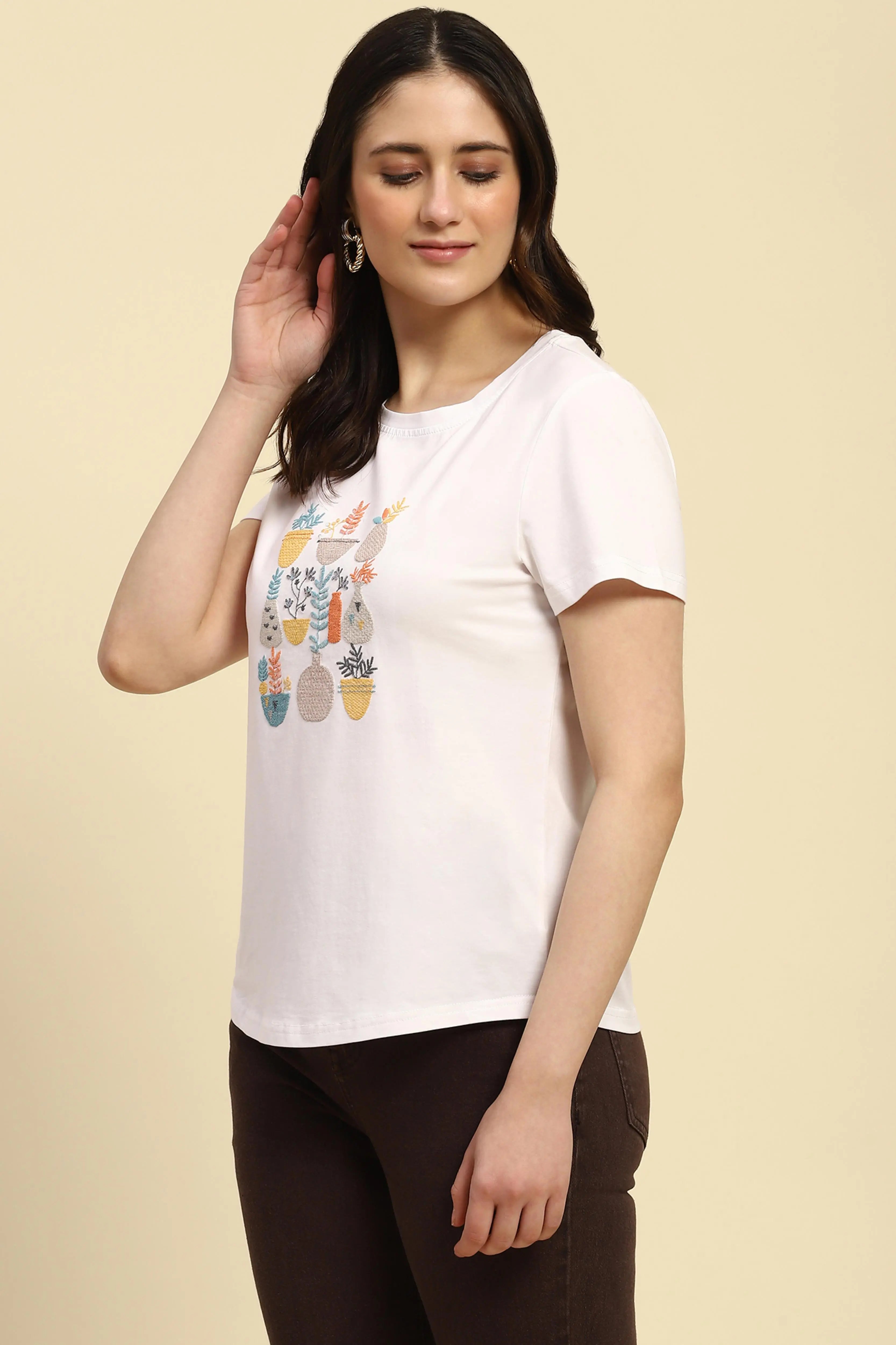White Embroidered Round Neck Top - Global Republic